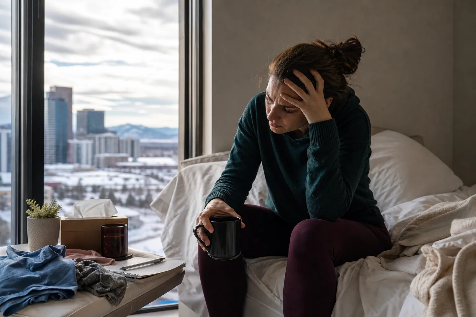 Woman Sitting on an Unmade Bed With Her Head in Her Hand A woman sits hunched on an unmade bed, holding a dark mug and resting her other hand on her forehead beside a large window.