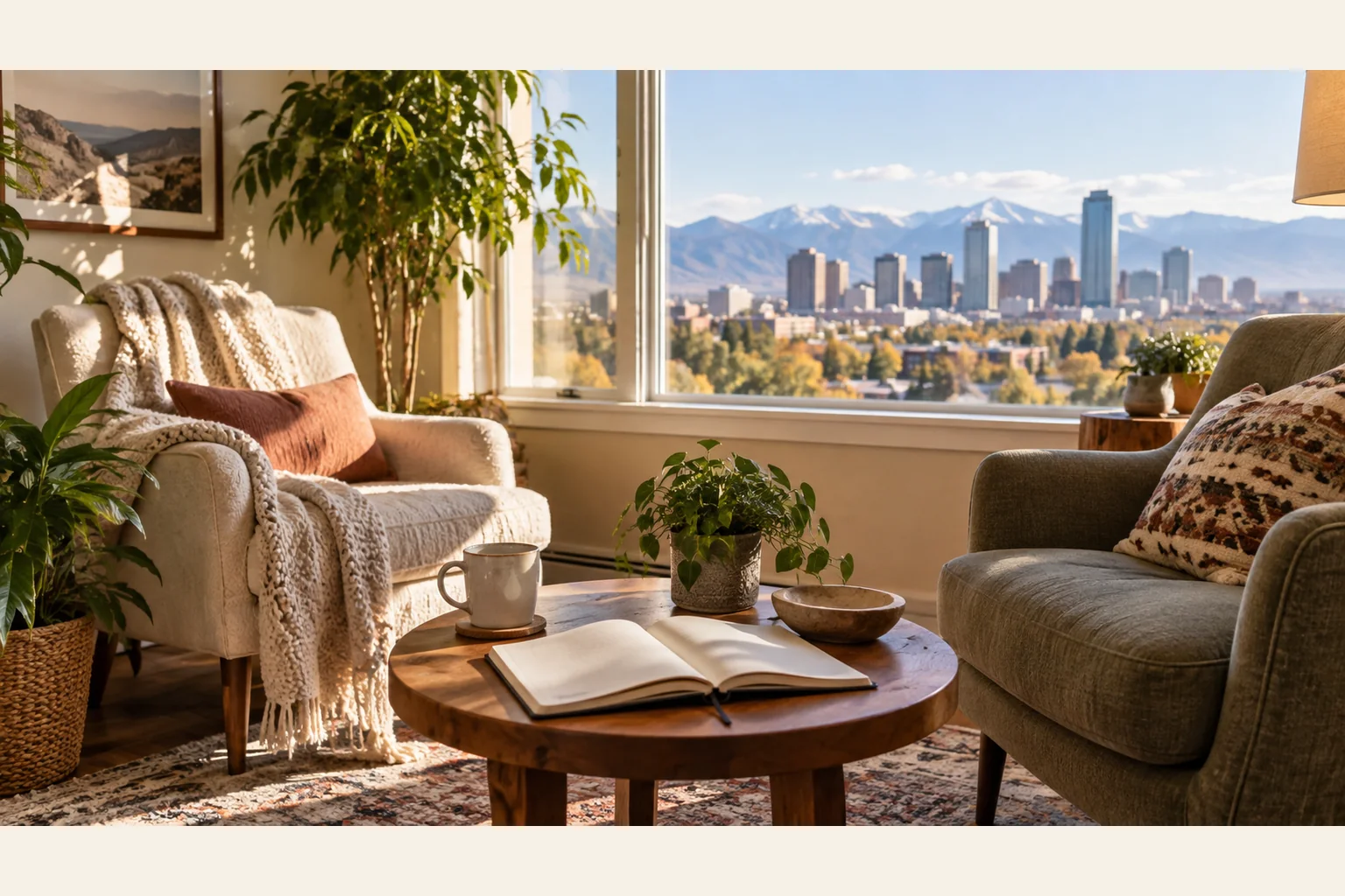 Sunlit Seating Area With City and Mountain Views Two cushioned armchairs flank a wooden table with an open notebook, mug and plants beside a window overlooking a city and mountains.