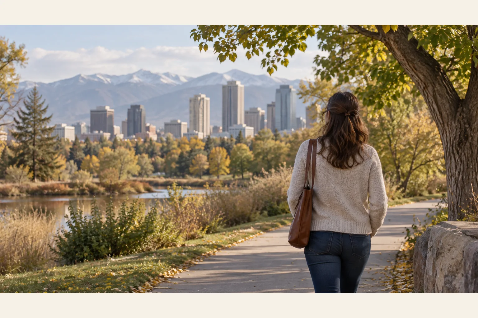 Woman Walking Beside Water With Skyline and Mountains A woman with a brown shoulder bag walks along a waterside path amid autumn trees, with a city skyline and mountains beyond.