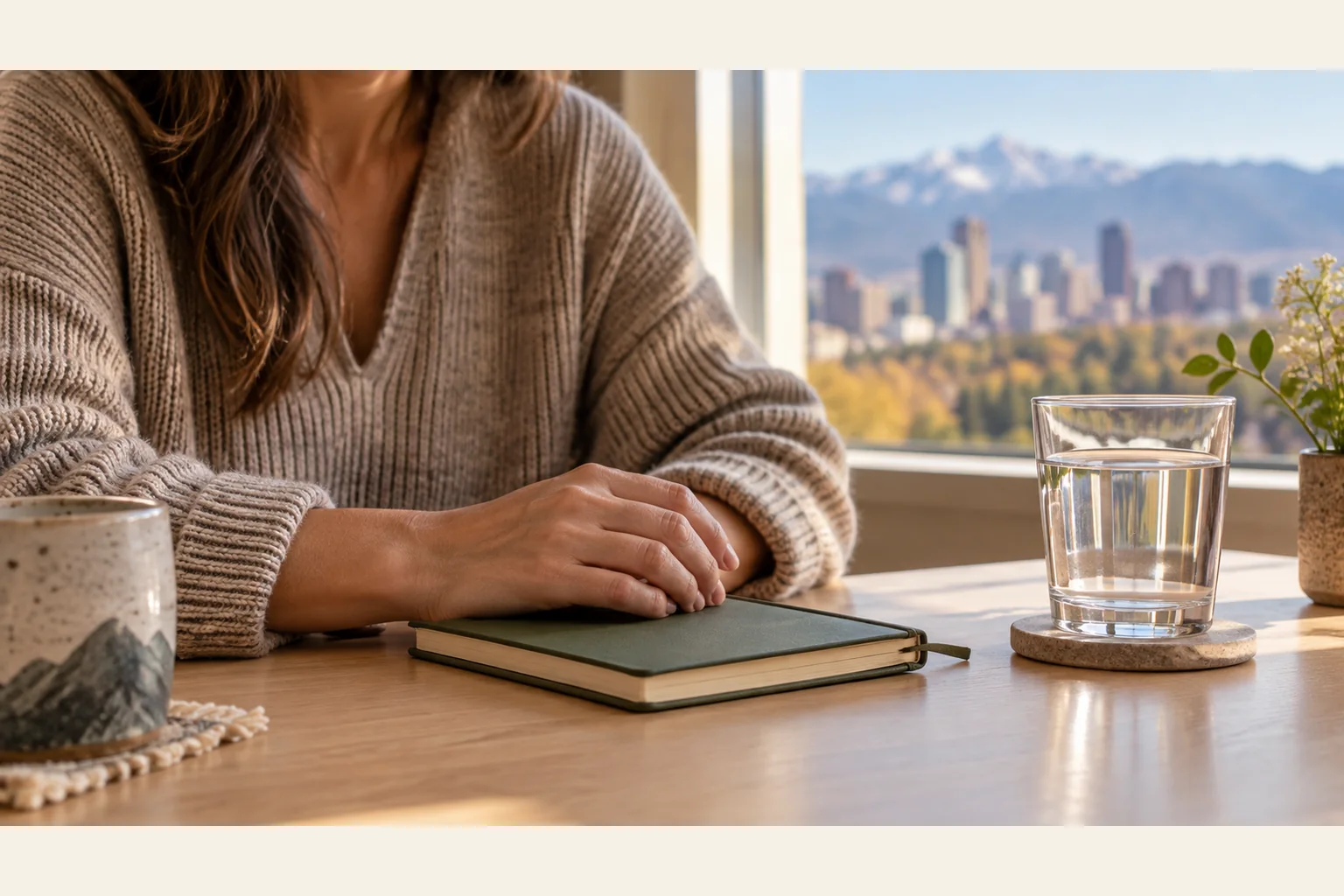 Quiet Table Setting With Notebook and Mountain View A woman rests her hands on a closed notebook beside a mug and water glass, with a city skyline and mountains beyond the window.