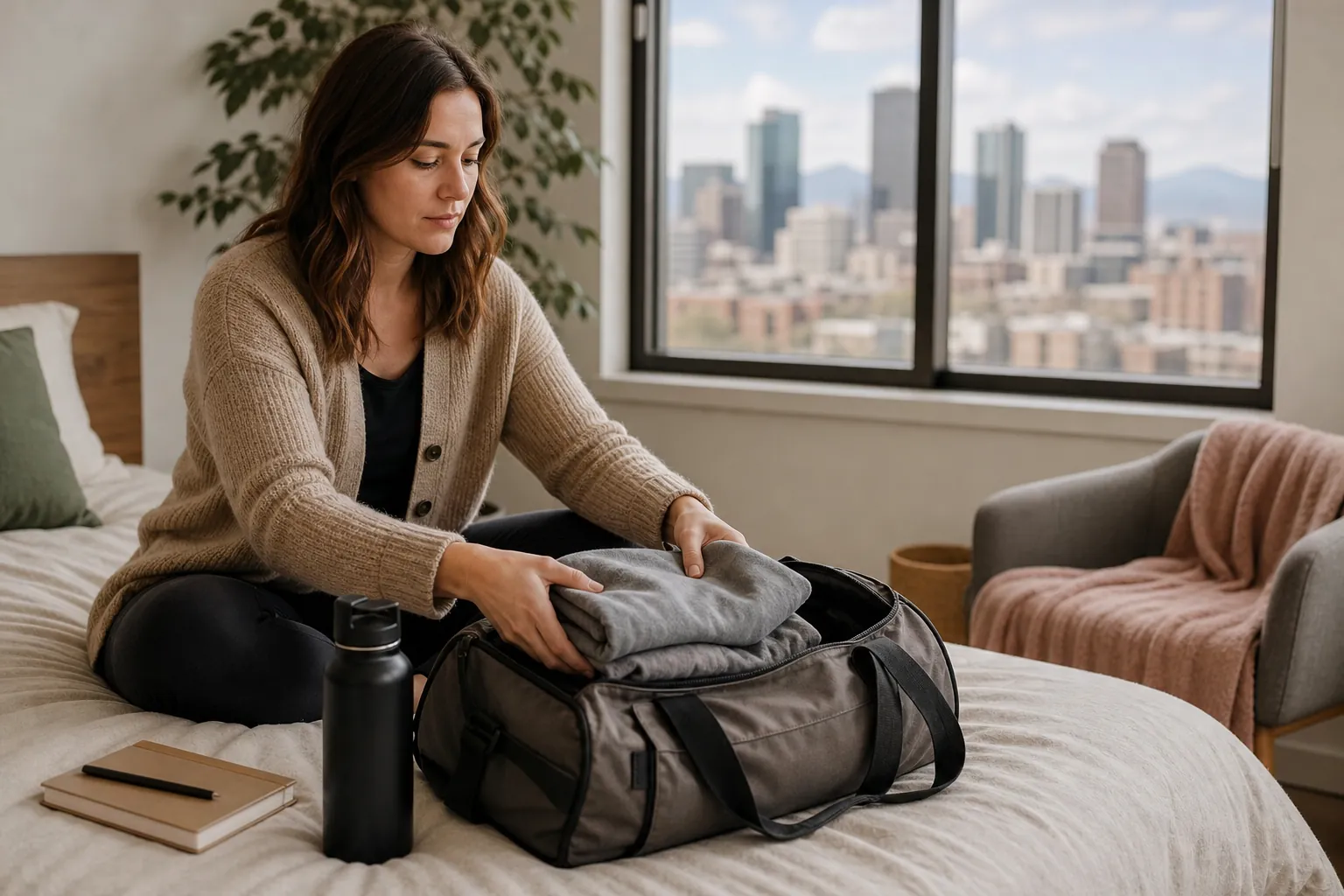 Woman Packing a Duffel Bag in a Bedroom A woman packs folded clothes into a duffel bag on a bed beside a notebook and water bottle, with a city skyline outside.