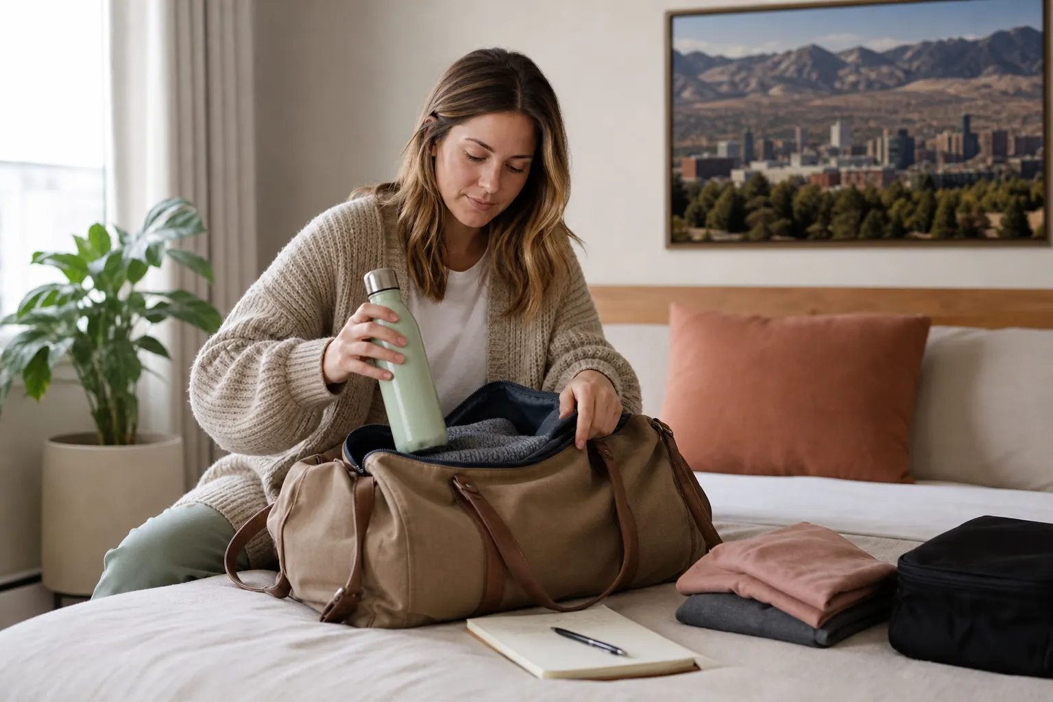 Woman Packing a Duffel Bag With Daily Essentials A woman packs a water bottle into a tan duffel bag on a bed beside folded clothes, a notebook, and a pen.