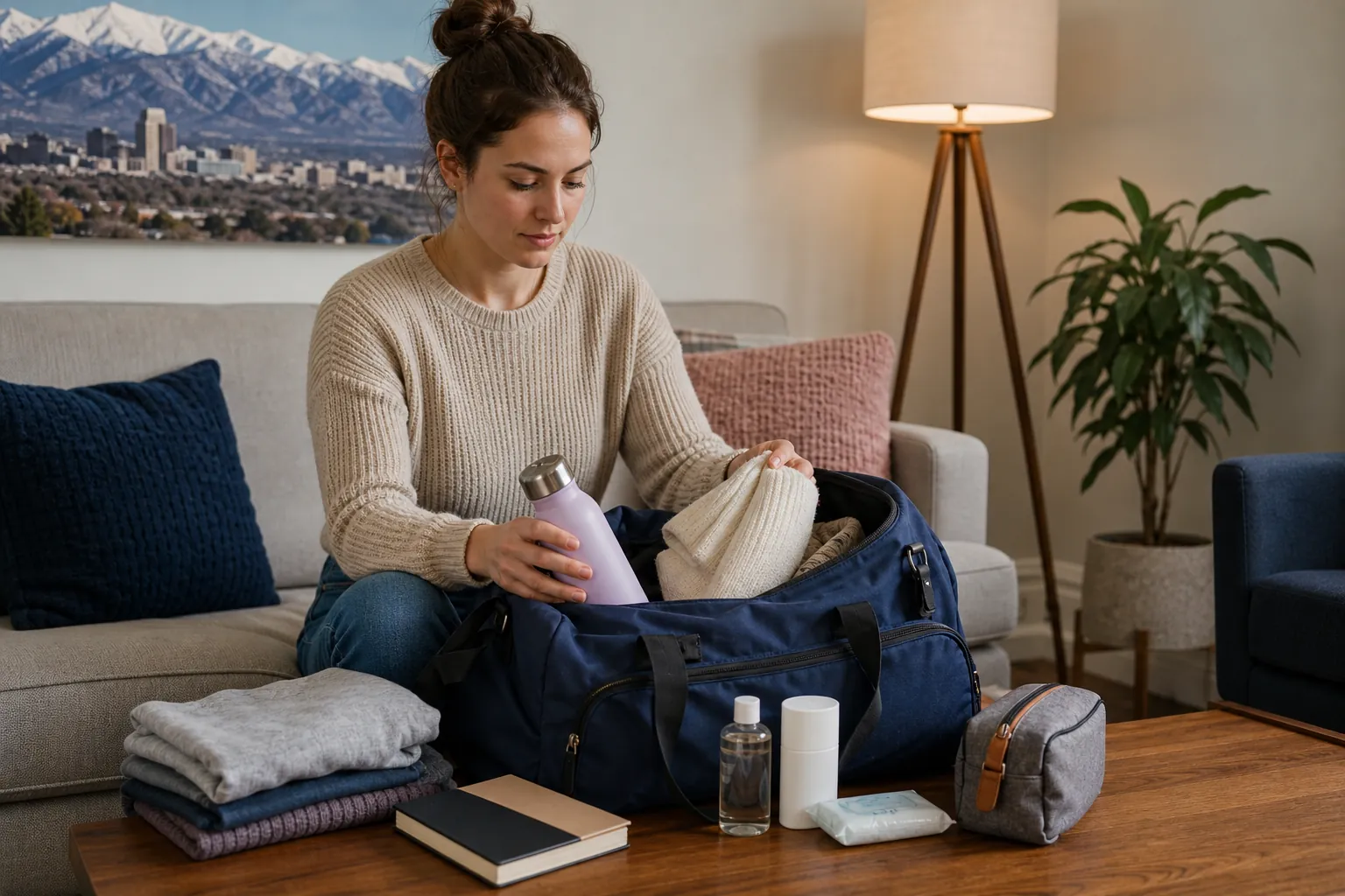 Packing Clothes and Essentials for a First Visit A woman packs a water bottle and knit clothing into a navy duffel beside folded clothes, a notebook, and toiletries.