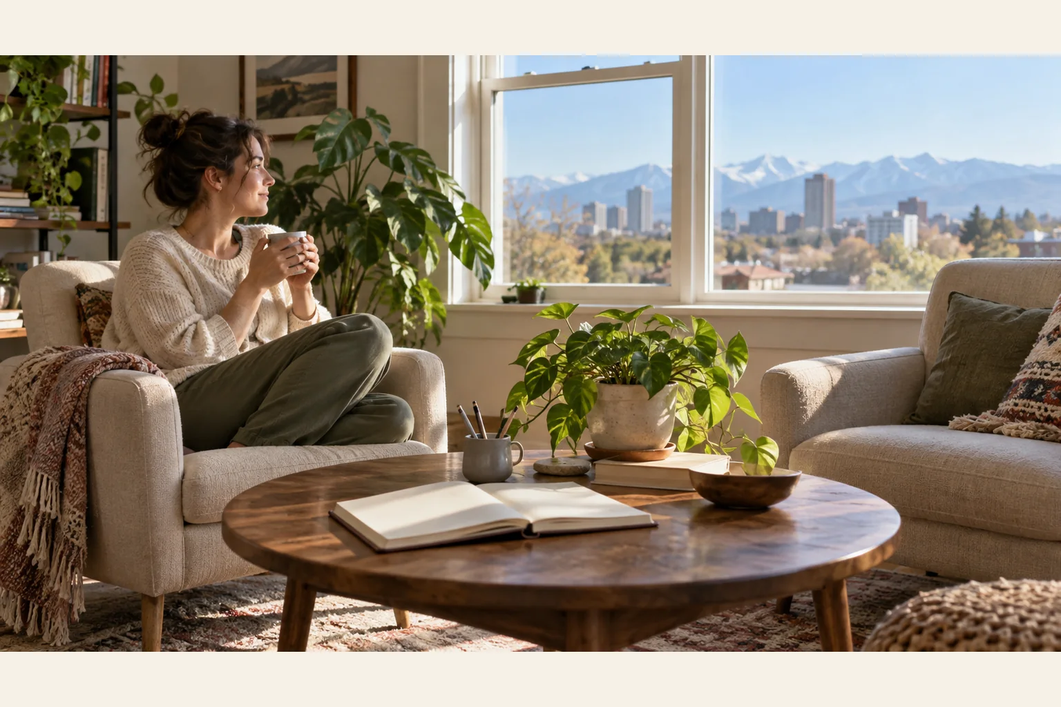 Illustrative scene: Quiet Reflection Beside a City and Mountain View Illustrative scene: A woman holds a mug in a sunlit armchair beside plants and an open notebook, overlooking a city skyline and mountains.