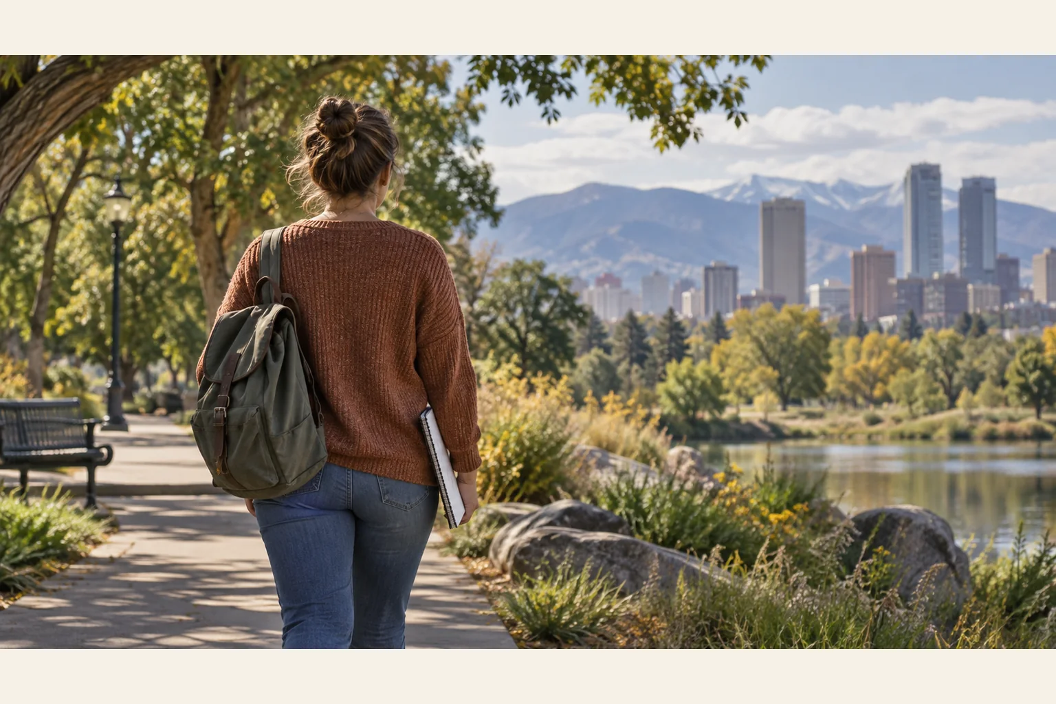 Illustrative scene: Woman Walking in a Park Near a City Skyline Illustrative scene: A woman with a backpack and notebook walks along a lakeside park path, facing a city skyline and distant mountains.