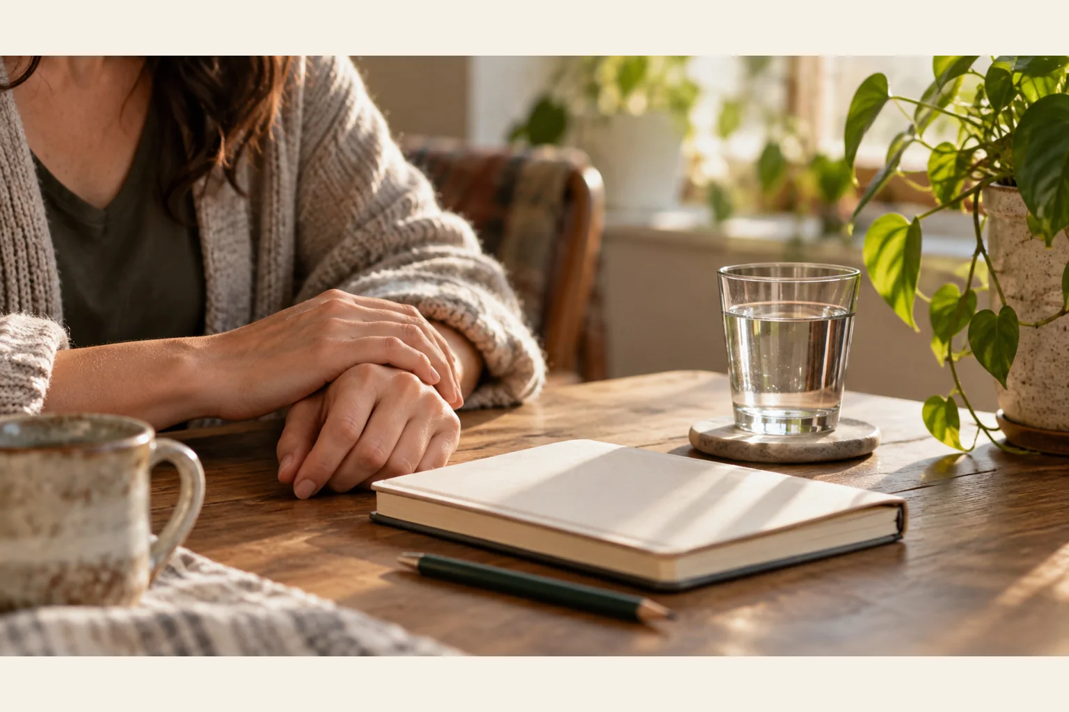 Illustrative scene: Quiet Moment at a Sunlit Table with a Notebook Illustrative scene: A person rests overlapping hands on a sunlit wooden table beside a closed notebook, pencil, mug, glass of water, and leafy plant.
