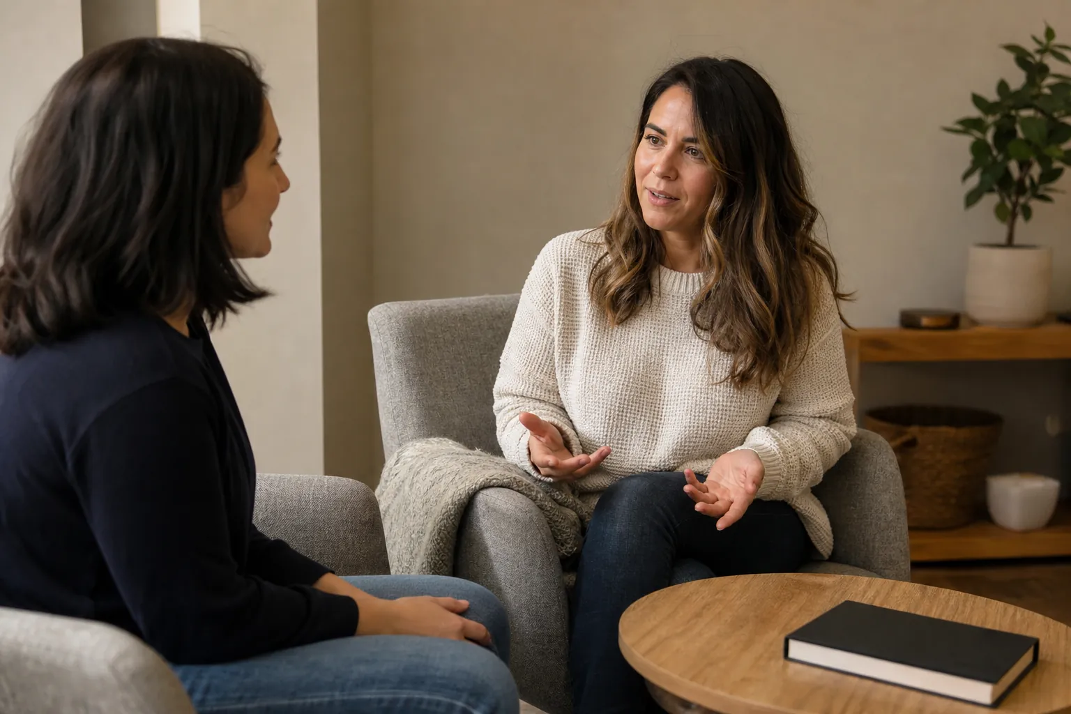 Illustrative scene: Two Women Talking in Gray Armchairs Illustrative scene: Two women sit facing each other in gray armchairs, one gesturing with open hands beside a wooden table with a closed book.