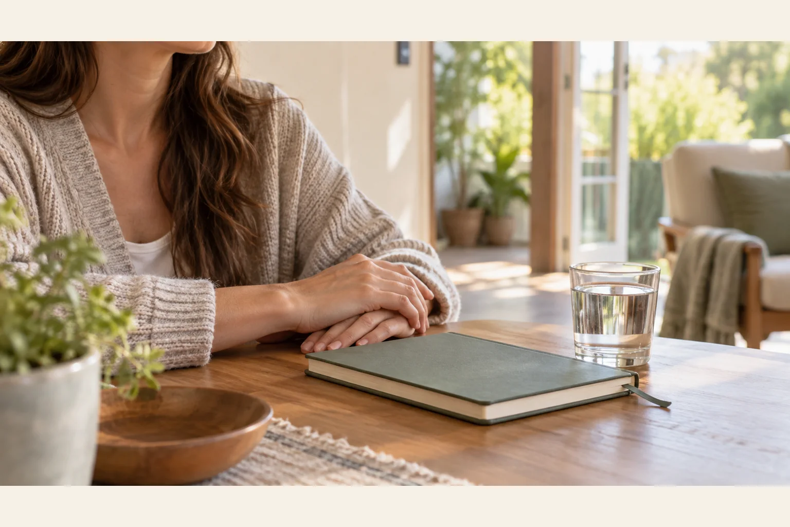 Illustrative scene: Quiet Moment With a Notebook and Glass of Water Illustrative scene: A woman rests her hands on a wooden table beside a closed green notebook, a glass of water, and a potted plant.