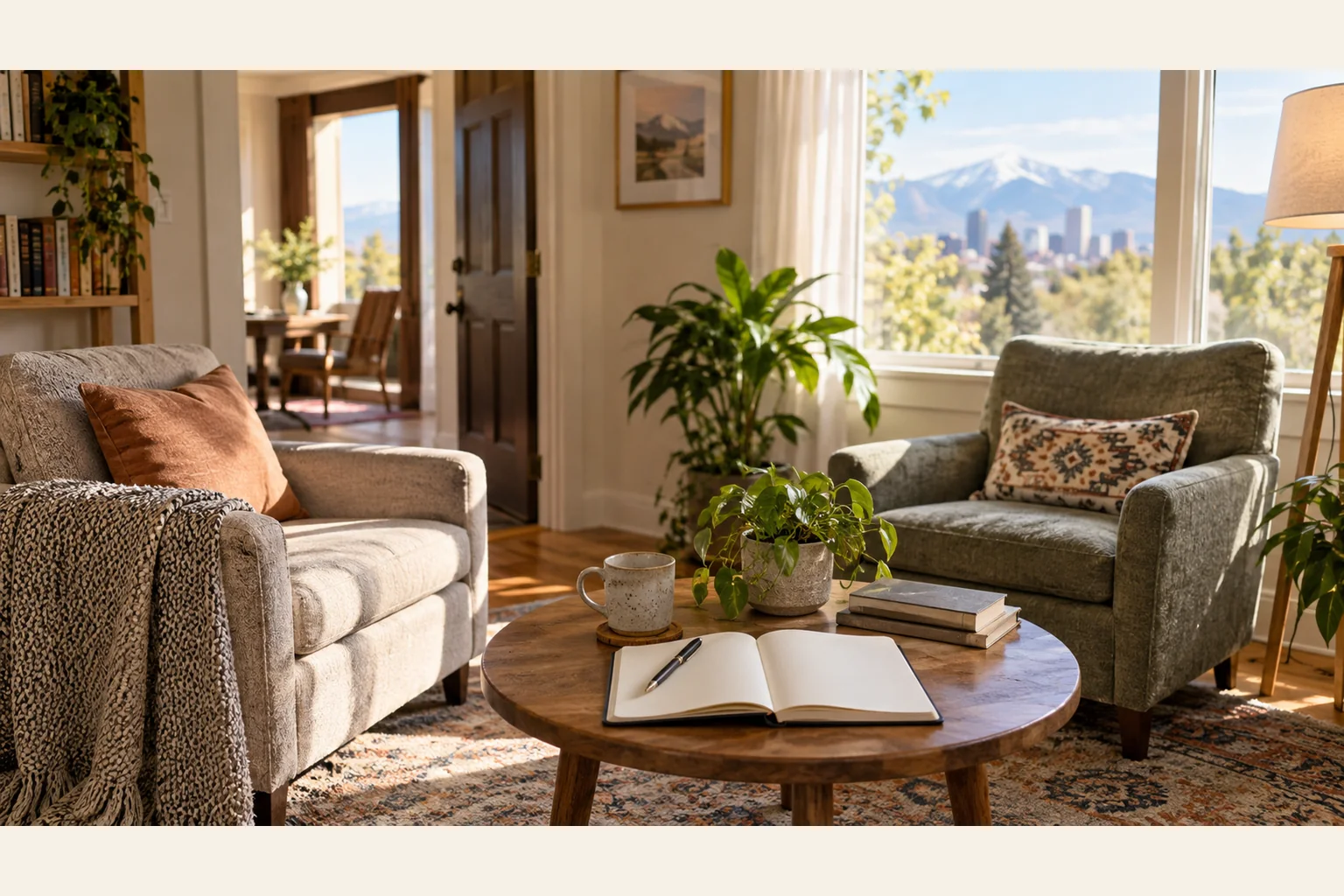 Illustrative scene: Sunlit Seating Area With Notebook and Mountain View Illustrative scene: Two upholstered armchairs surround a wooden table with an open notebook, a mug and plants, with mountains beyond the window.