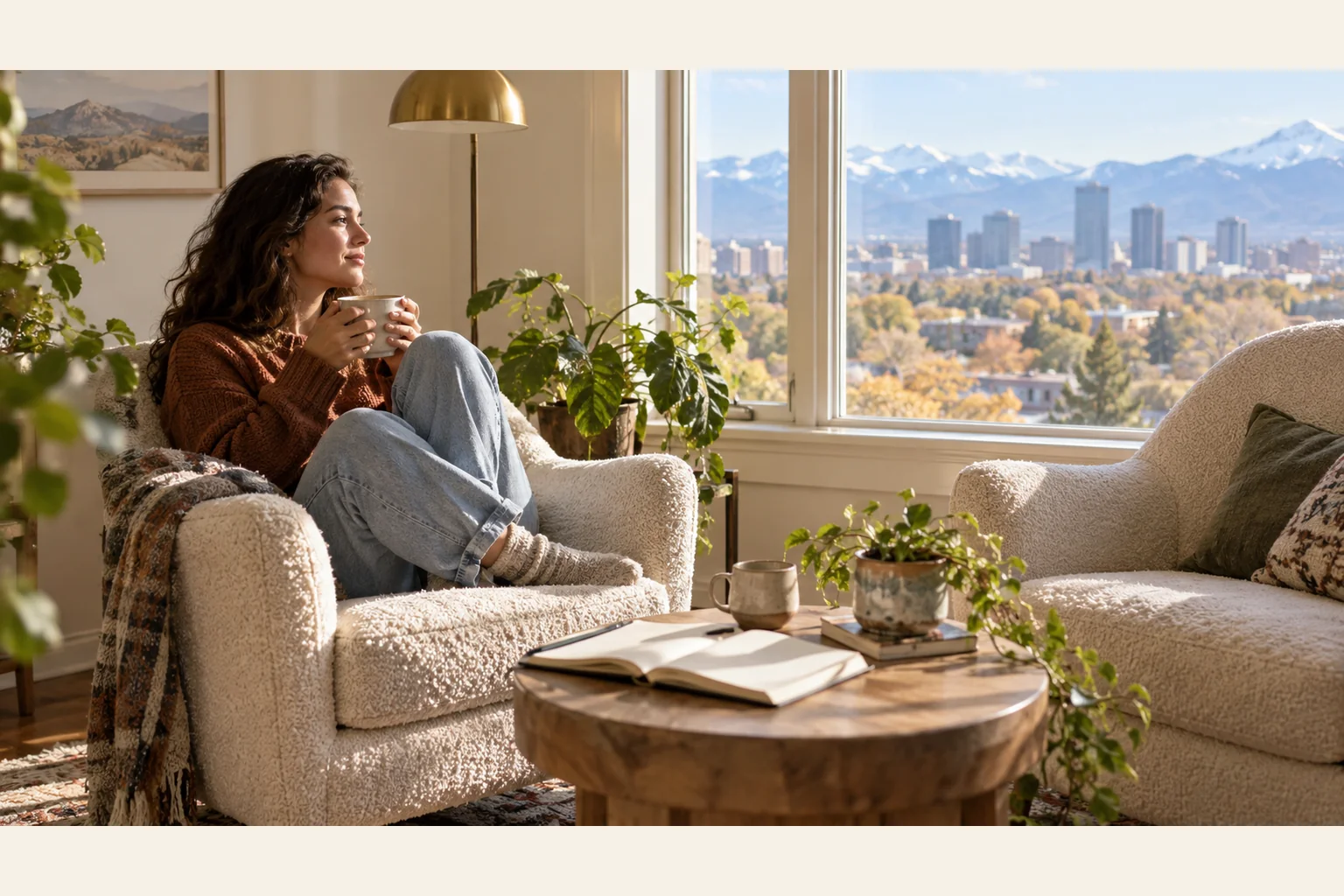 Illustrative scene: Quiet Reflection Beside a City and Mountain View Illustrative scene: A woman holds a mug in a sunlit armchair beside plants and an open book, overlooking a city skyline and snowy mountains.