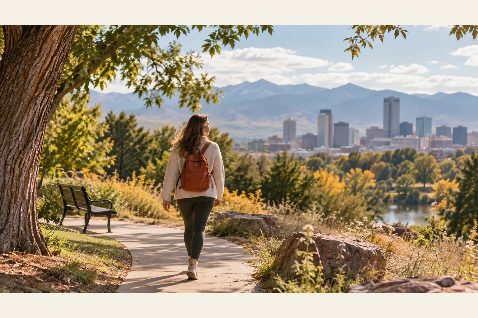 Illustrative scene: Quiet Walk Overlooking a City and Mountains Illustrative scene: A person with a rust-colored backpack walks along a tree-lined path overlooking a city skyline and distant mountains.