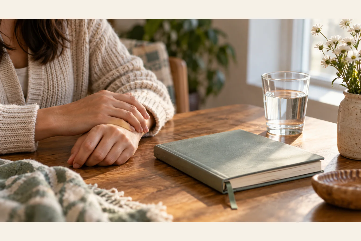 Illustrative scene: Quiet Moment Beside a Journal and Water Glass Illustrative scene: A person in a knit cardigan rests their hands on a wooden table beside a closed journal, water glass, and daisies.