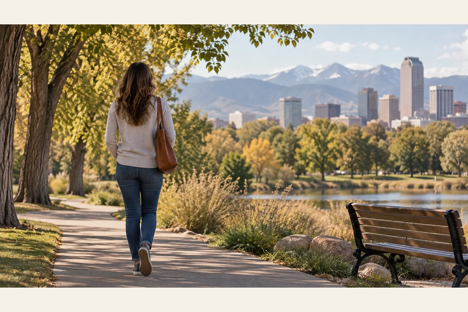 Illustrative scene: Woman Walking on a Lakeside Park Path Illustrative scene: A woman carrying a brown shoulder bag walks along a lakeside park path with a bench, city skyline and mountains ahead.