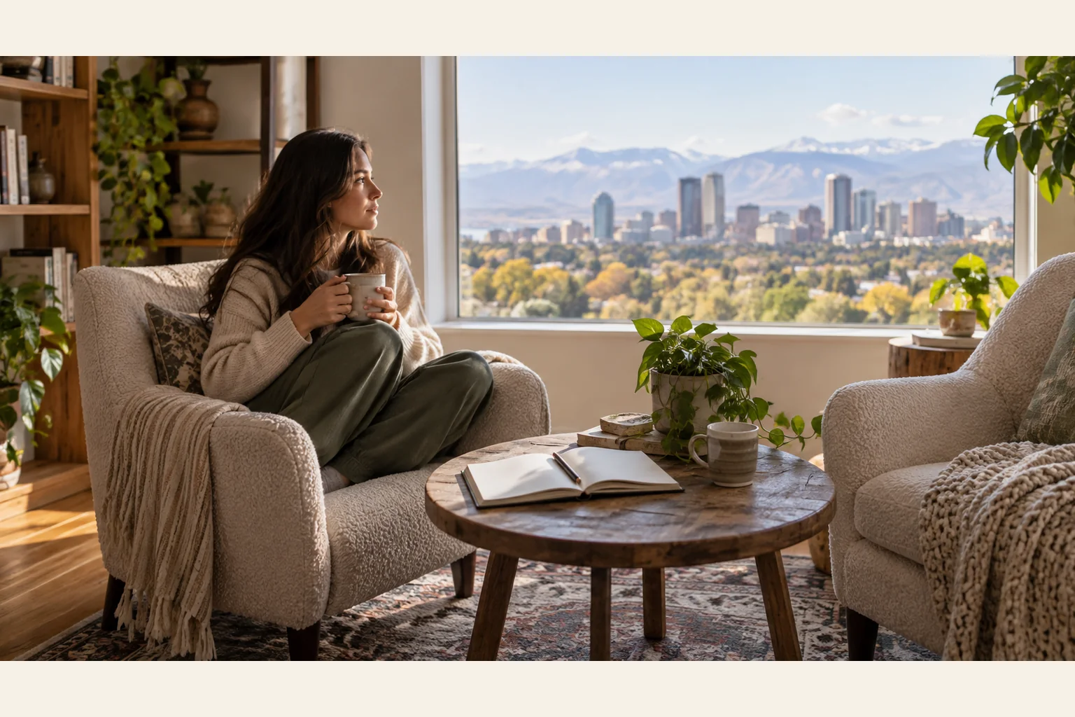 Illustrative scene: Woman With a Mug Overlooking a City and Mountains Illustrative scene: A woman holds a mug in an armchair beside a window overlooking a city skyline and mountains, with plants and an open notebook nearby.