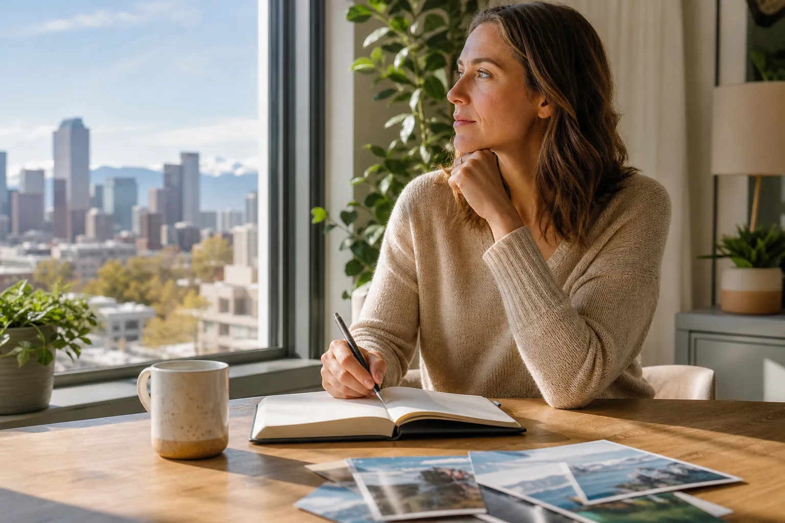 Woman Reflecting With a Notebook by a City Window A woman holds a pen over an open notebook, resting her chin on her hand beside a window overlooking a city and mountains.