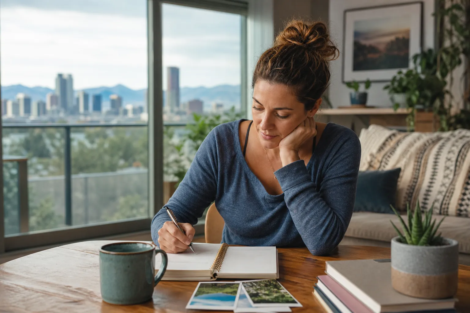 Woman Writing in a Notebook Beside a City-View Window A woman writes in a spiral notebook at a wooden table with a mug, travel pictures, and plants beside a city-view window.