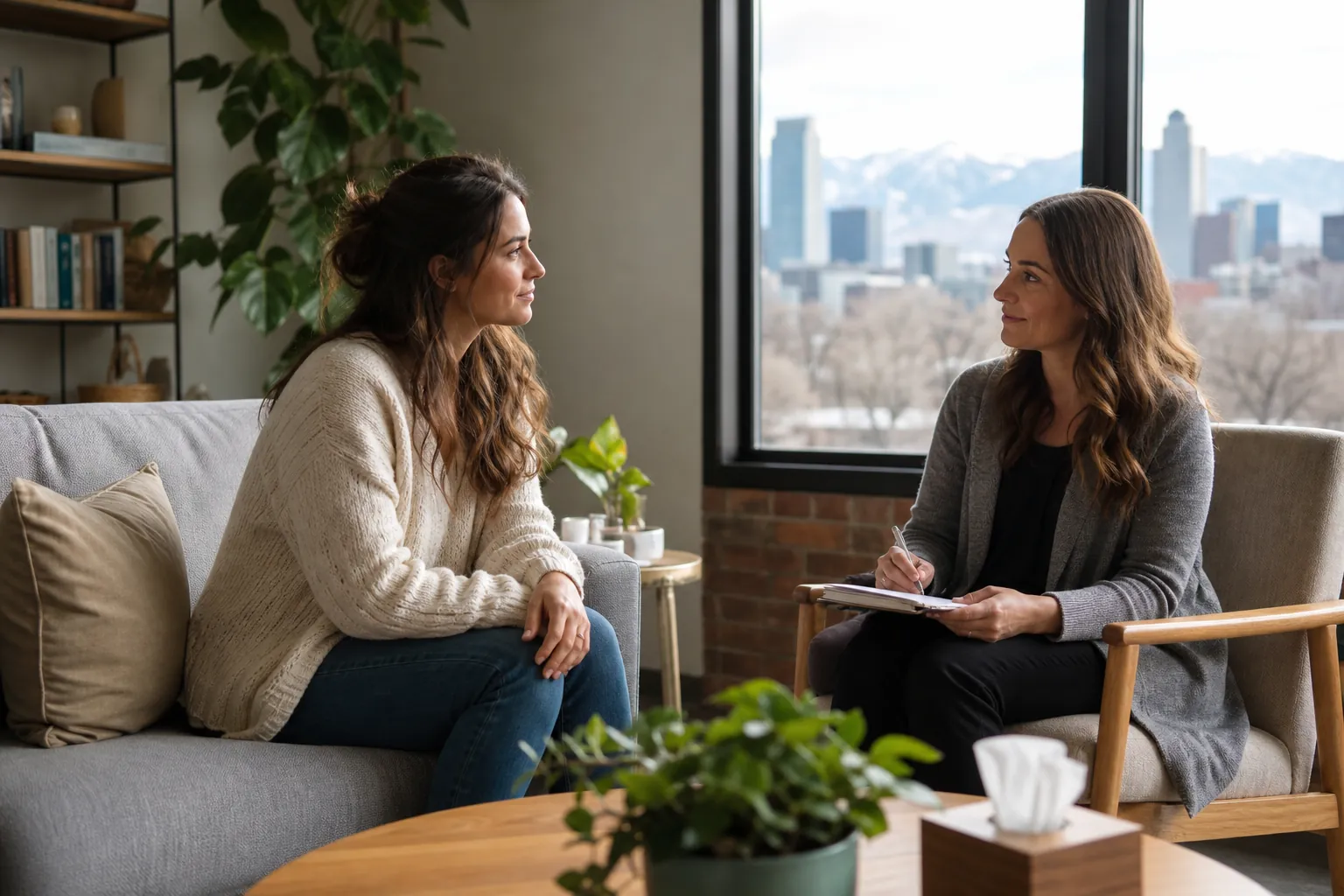 Two Women Talking in a Sunlit Counseling Office Two women sit facing each other in a counseling office, one holding a pen and clipboard, with city and mountain views behind them.