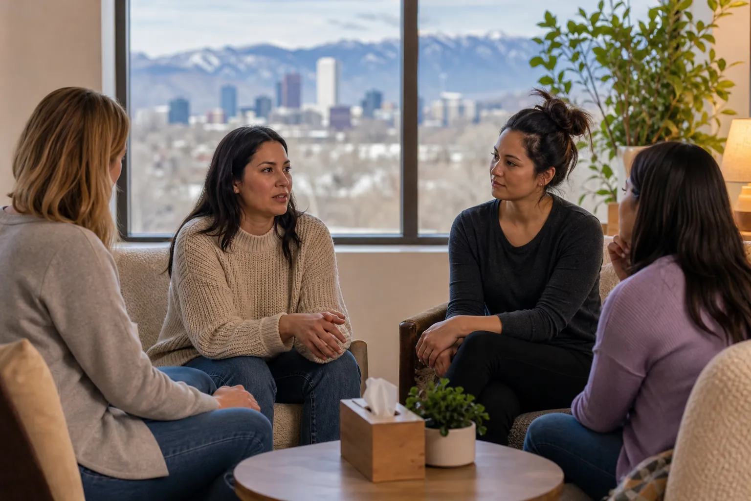 Women in a Supportive Group Conversation Four women sit in a conversation circle around a coffee table, with a city skyline and snowy mountains beyond the window.