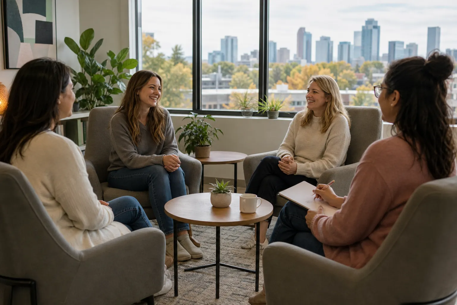 Women in a Small Group Discussion in a Bright Office Four women sit in a circle in a bright room, with one holding a pen and notebook and a city skyline visible through windows.