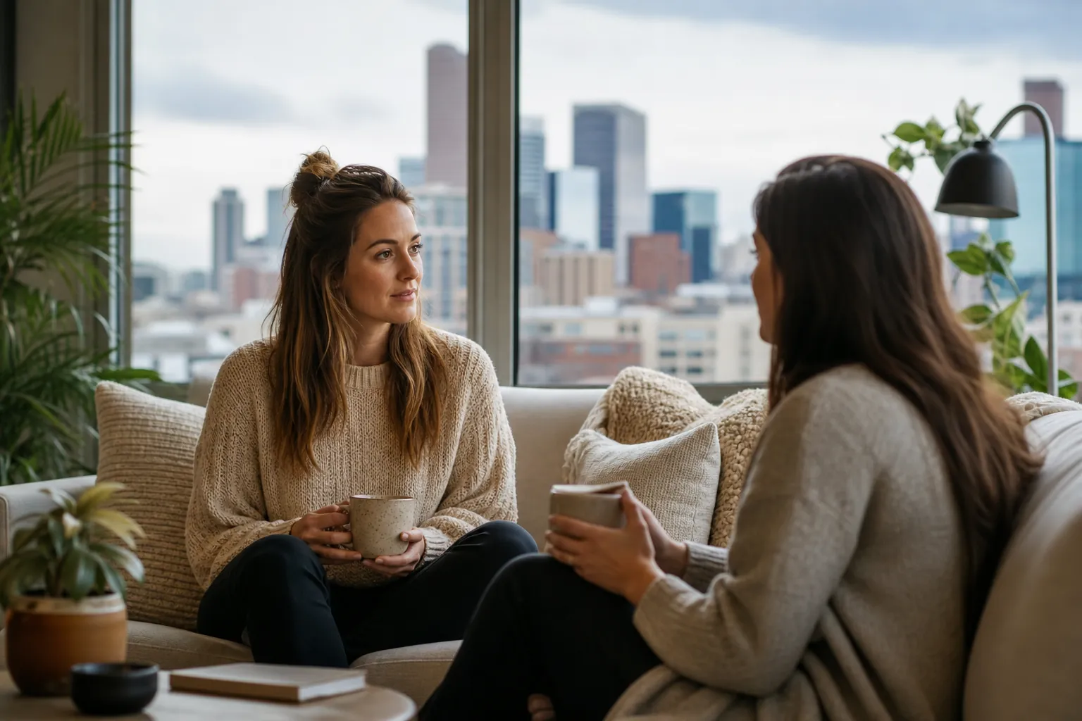 Two Women Sharing a Quiet Conversation on a Sofa Two women holding mugs sit facing each other on a sofa beside large windows overlooking city buildings.