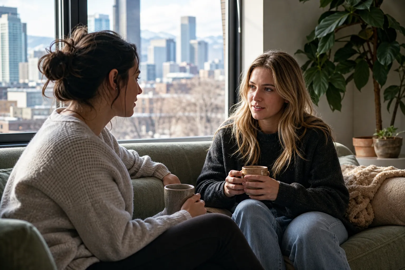 Two Women Talking Over Mugs on a Sofa Two women holding mugs sit facing each other on a green sofa beside large windows overlooking a city skyline.