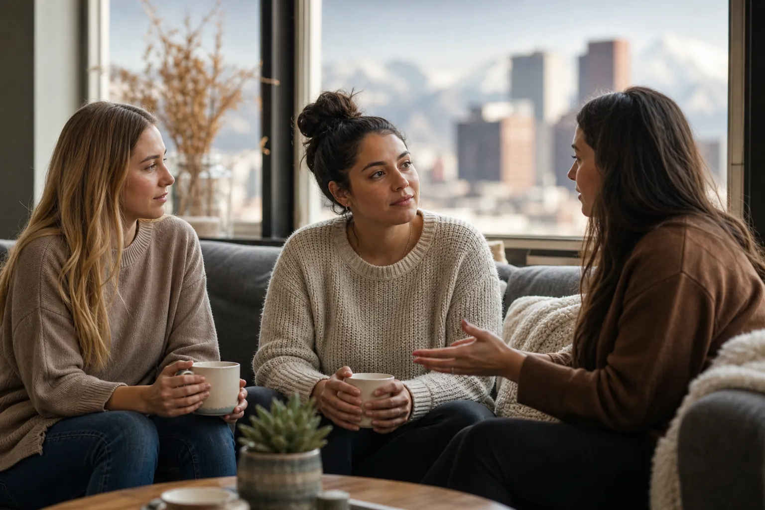 Three Women Sharing a Conversation on a Couch Three women sit on a couch in conversation, two holding mugs while the third gestures, with city buildings and mountains outside.