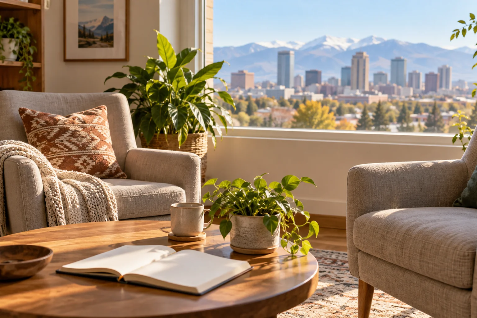How A Women's Mental Health Assessment Works In CO - hero Illustrative seating area beside a window overlooking a distant city.