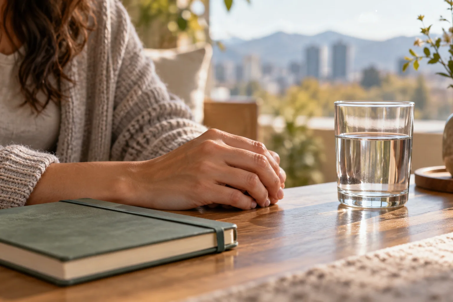 How A Women's Mental Health Assessment Works In CO - inline-1 Illustrative close-up of an adult woman’s hands resting on a closed notebook beside a glass of water.
