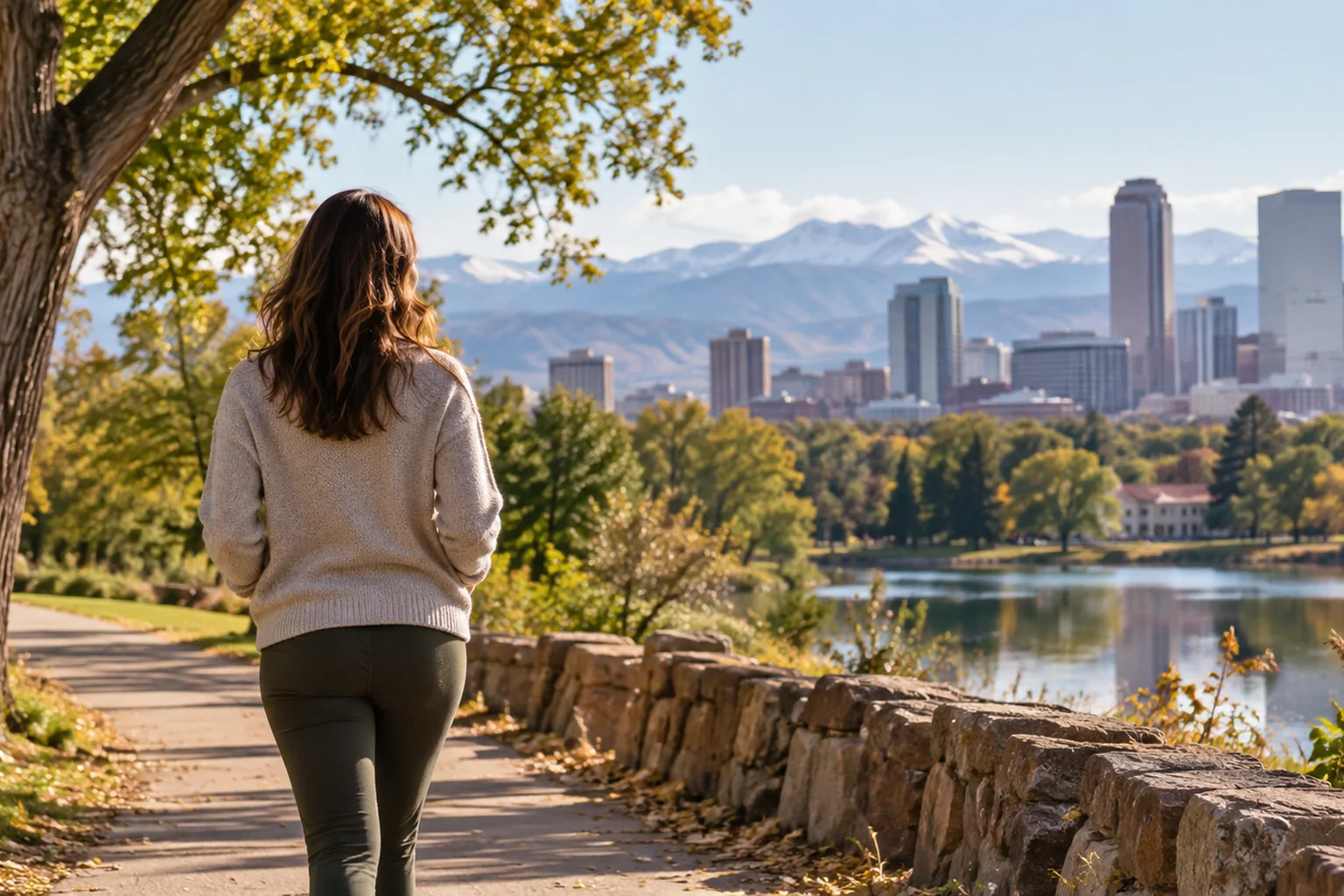 How A Women's Mental Health Assessment Works In CO - inline-2 Illustrative woman walking along a park path with a distant city skyline and mountains.
