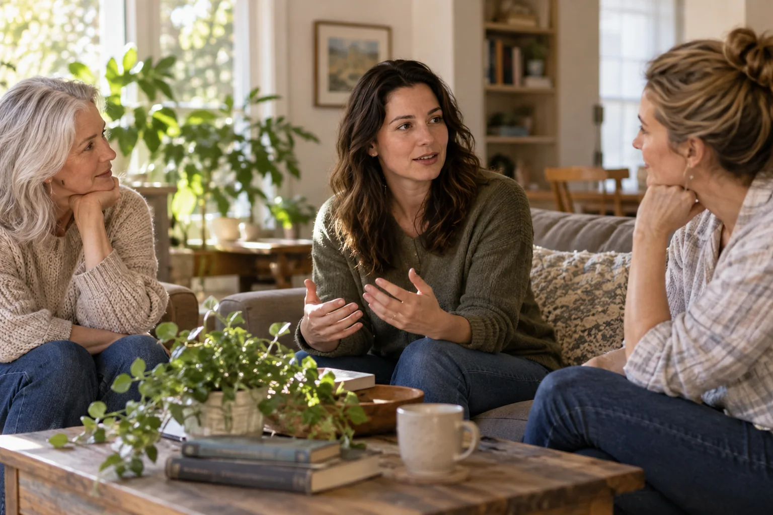 How Consent Shapes Family Involvement In Colorado (CO) - hero Illustrative scene: three adult women talking in a sunlit home living room, one woman gently choosing to speak while the others listen.