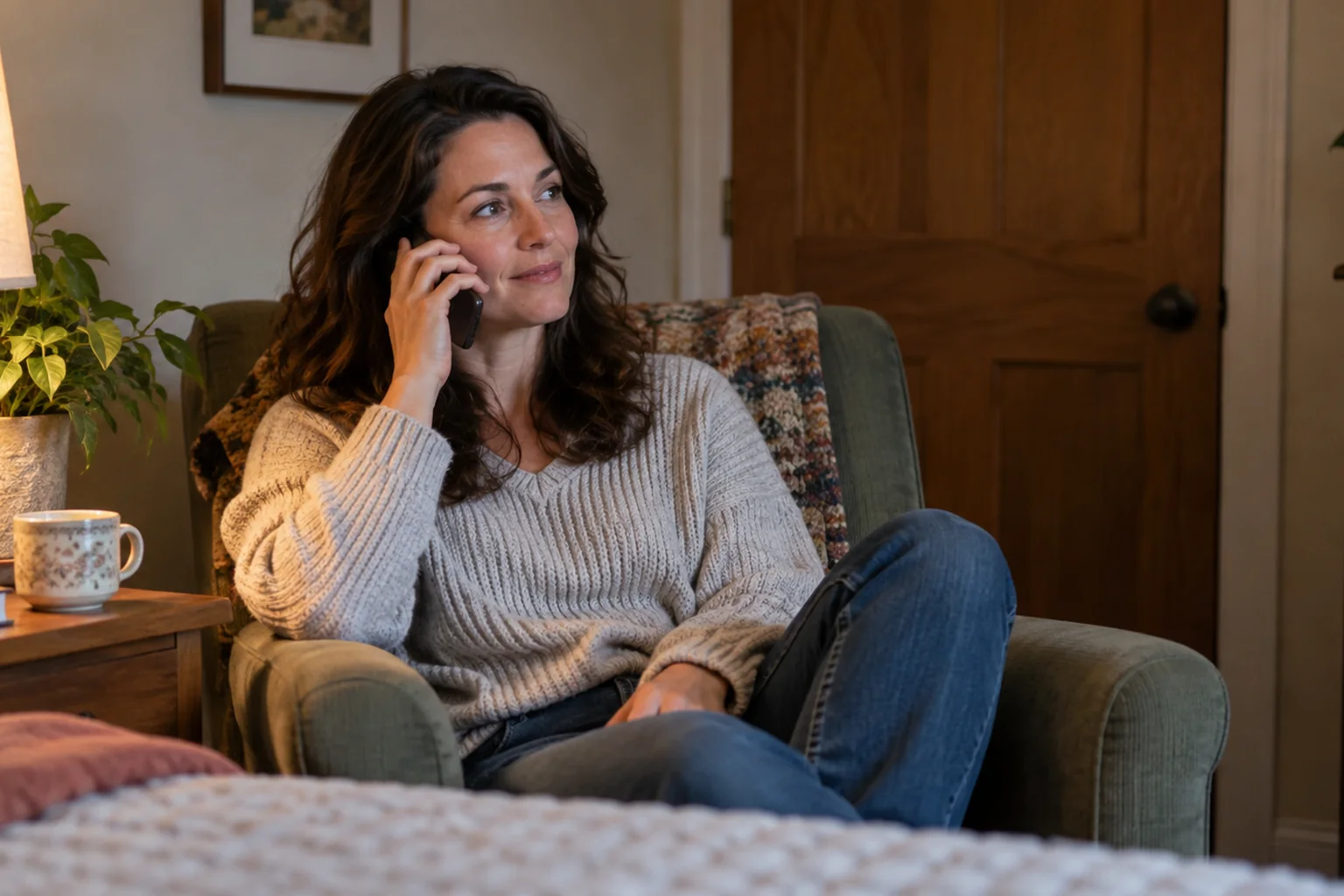 How Consent Shapes Family Involvement In Colorado (CO) - inline-1 Illustrative scene: an adult woman comfortably listening on a telephone in her own private room, door closed, no visible screen.