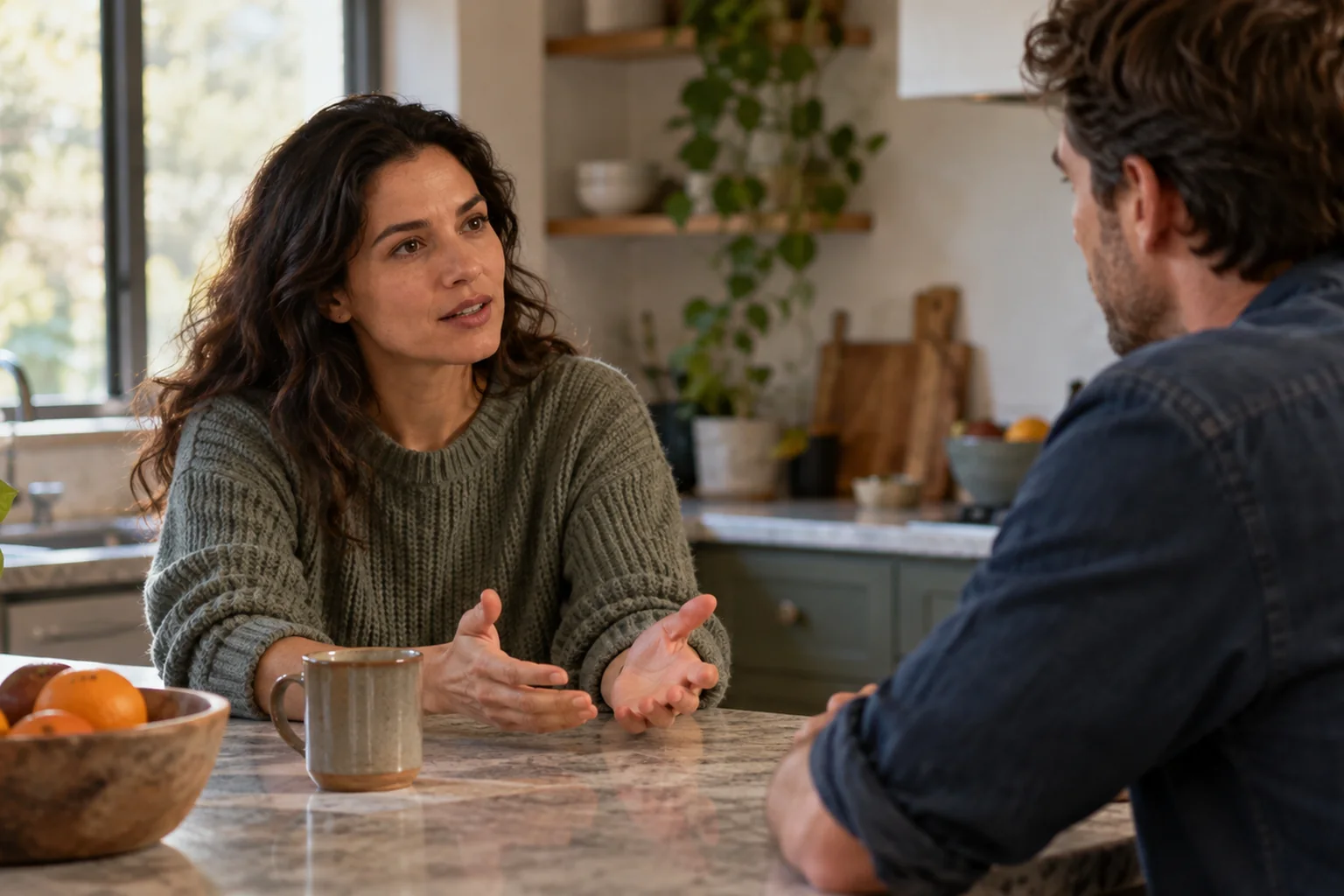 How Consent Shapes Family Involvement In Colorado (CO) - inline-2 Illustrative scene: a woman speaking to a loved one at a kitchen counter with respectful personal space and an open hand gesture.