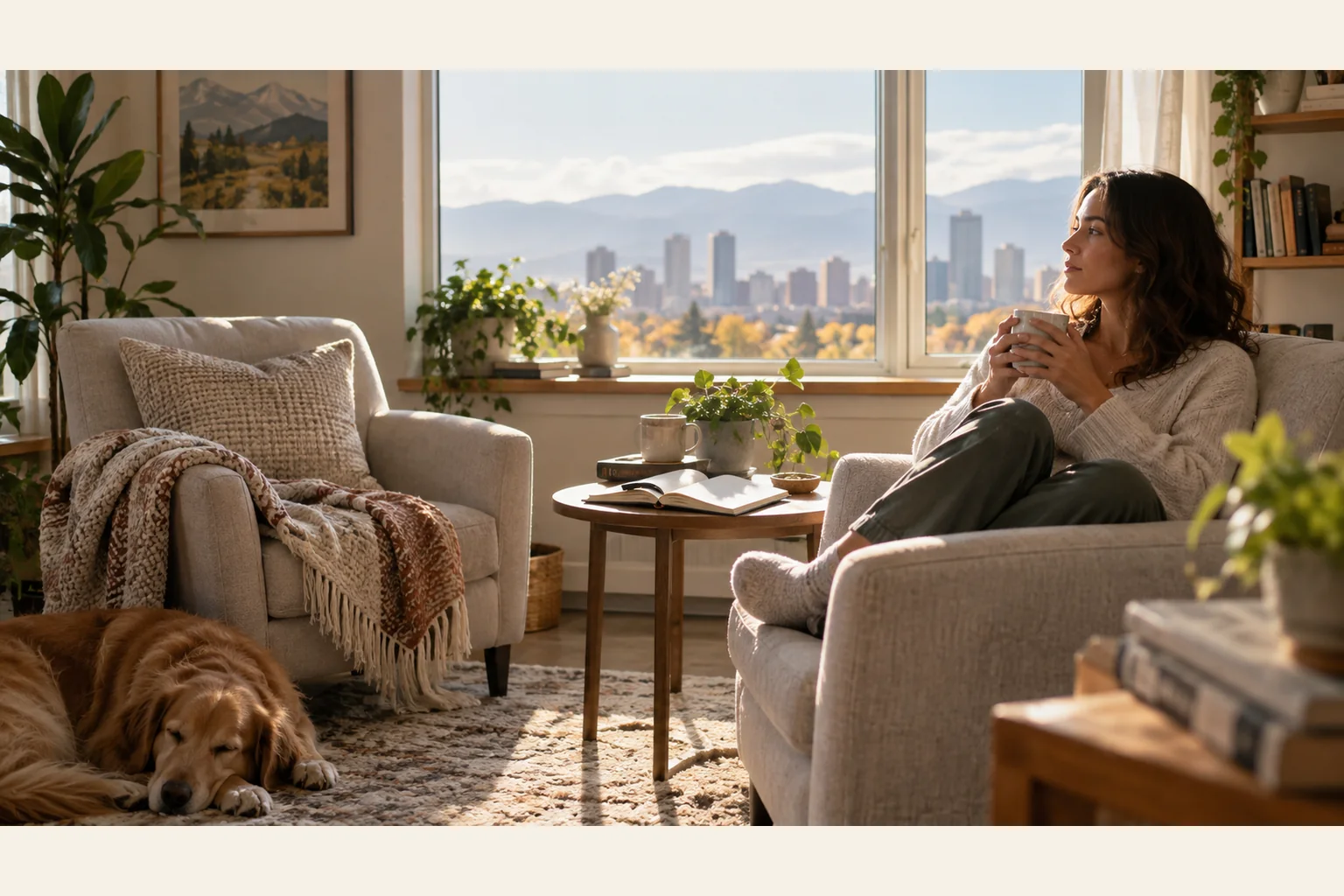 Illustrative scene: Woman Relaxing With a Mug Beside a Resting Dog Illustrative scene: A woman holds a mug in a sunlit armchair while a dog rests nearby, with a city skyline and mountains outside the window.