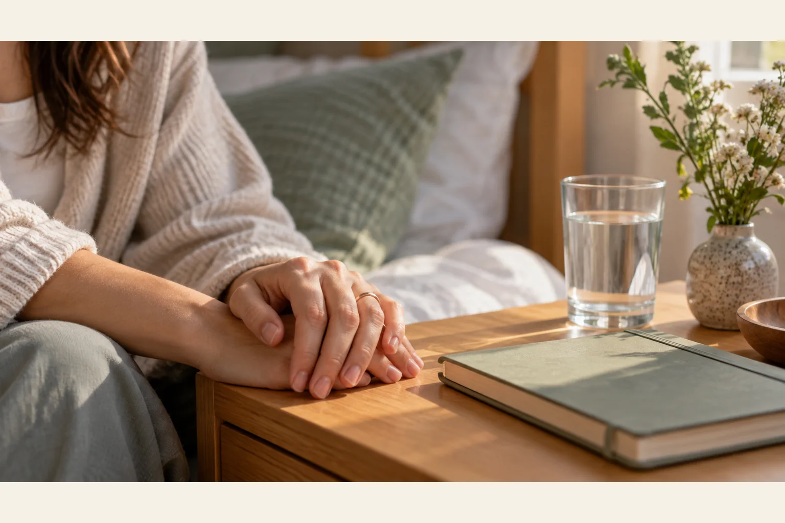 Illustrative scene: Woman Beside a Bed with Water, Notebook and Flowers Illustrative scene: A woman rests her hands beside a bed on a wooden table holding a closed notebook, a glass of water and flowers.