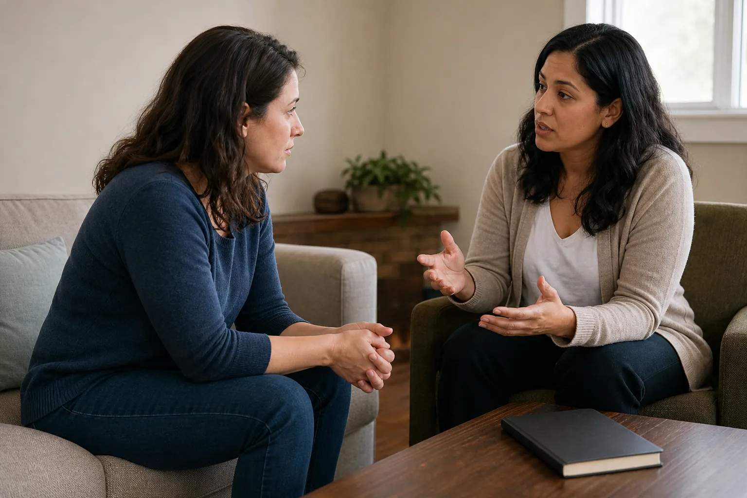 Illustrative scene: Two Women Having a Seated Conversation Illustrative scene: Two women sit facing each other in a living room, one gesturing while the other listens with her hands clasped.
