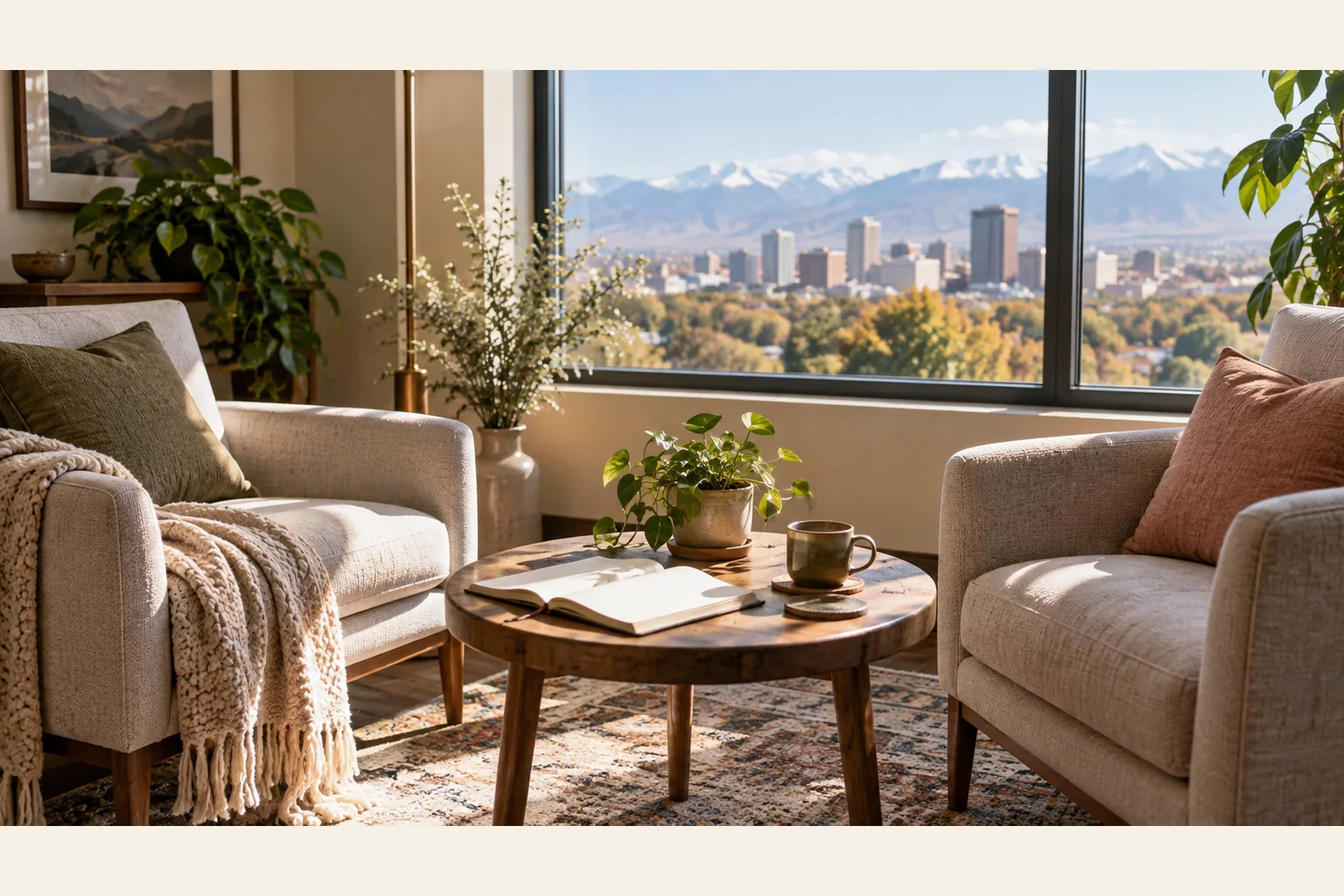 Illustrative scene: Quiet Seating Area With City and Mountain Views Illustrative scene: Two cushioned armchairs flank a wooden table with an open book, a mug and a plant, overlooking a city skyline and mountains.