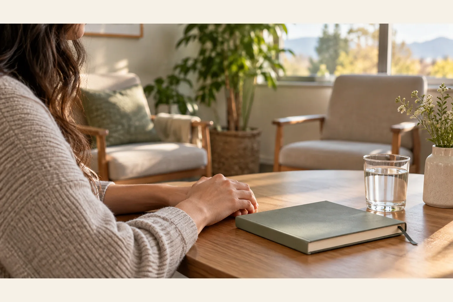 Illustrative scene: Person Seated at a Table in a Sunlit Room Illustrative scene: A person sits with clasped hands at a wooden table holding a closed notebook, a glass of water, and a vase of flowers.