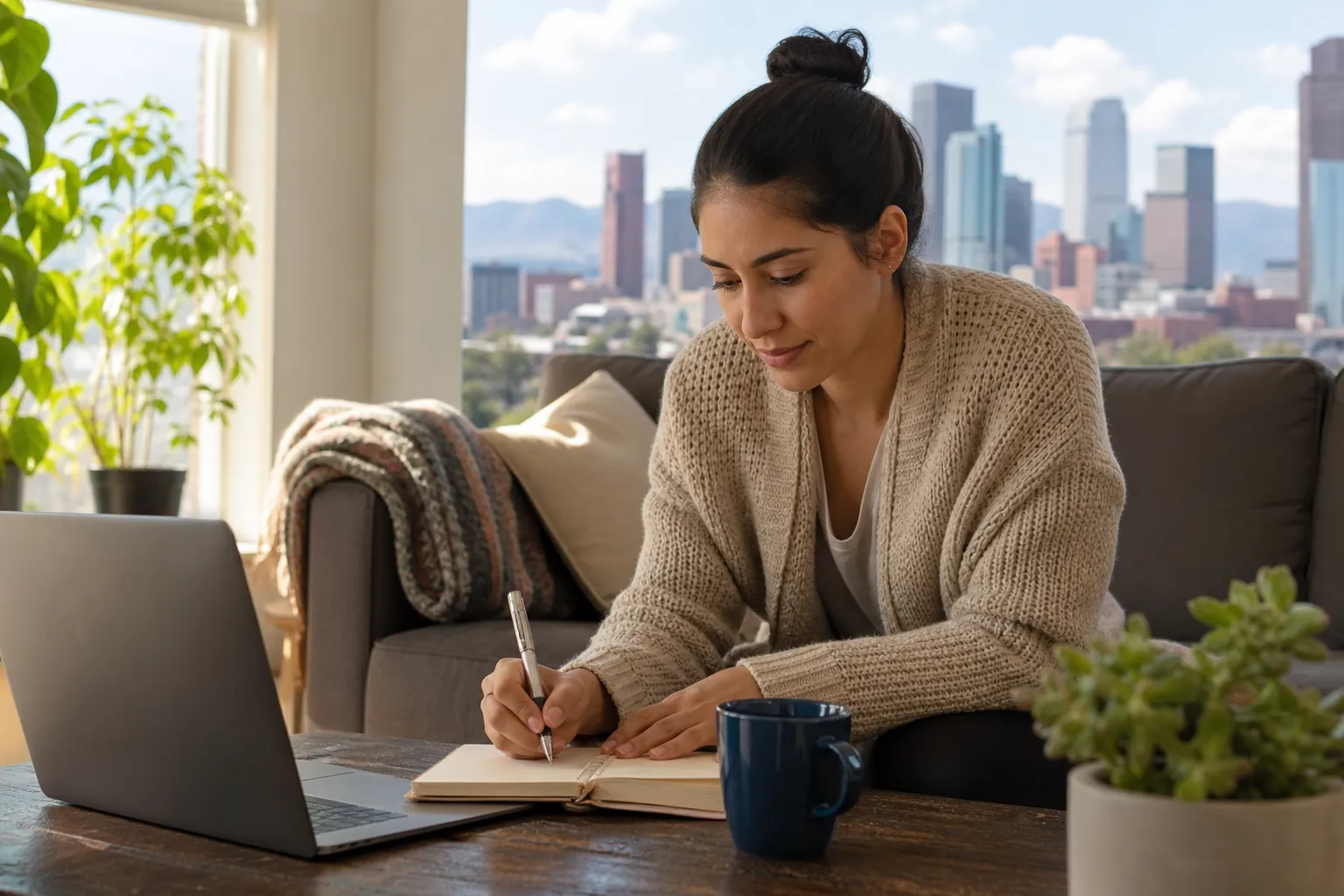 Woman Writing in a Notebook Beside a Laptop (featured) A woman writes in a notebook beside an open laptop and blue mug, with a city skyline visible through large windows.