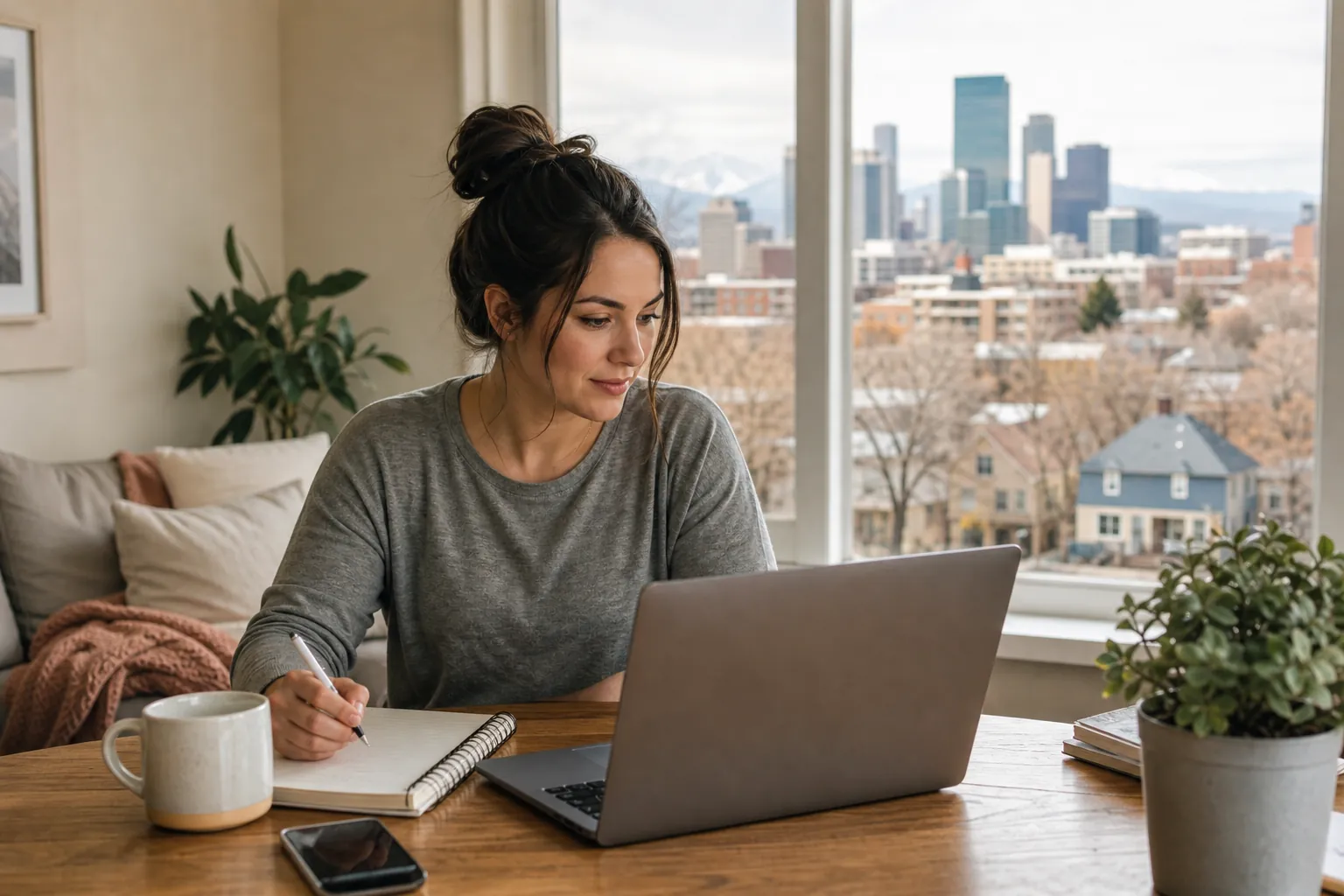 Woman Taking Notes Beside a Laptop at Home (detail) A woman writes in a spiral notebook beside an open laptop at a wooden table, with a city skyline visible through large windows.