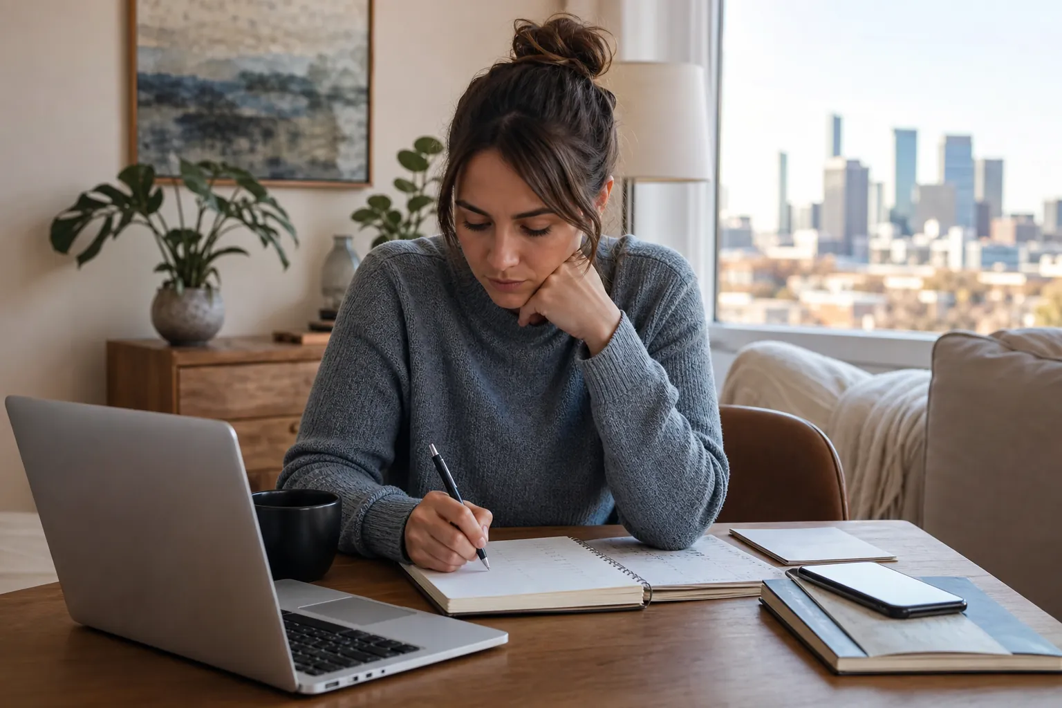 Woman Writing in a Notebook Beside a Laptop (next step) A woman writes in an open notebook beside a laptop, mug, and smartphone at a wooden table overlooking a city skyline.