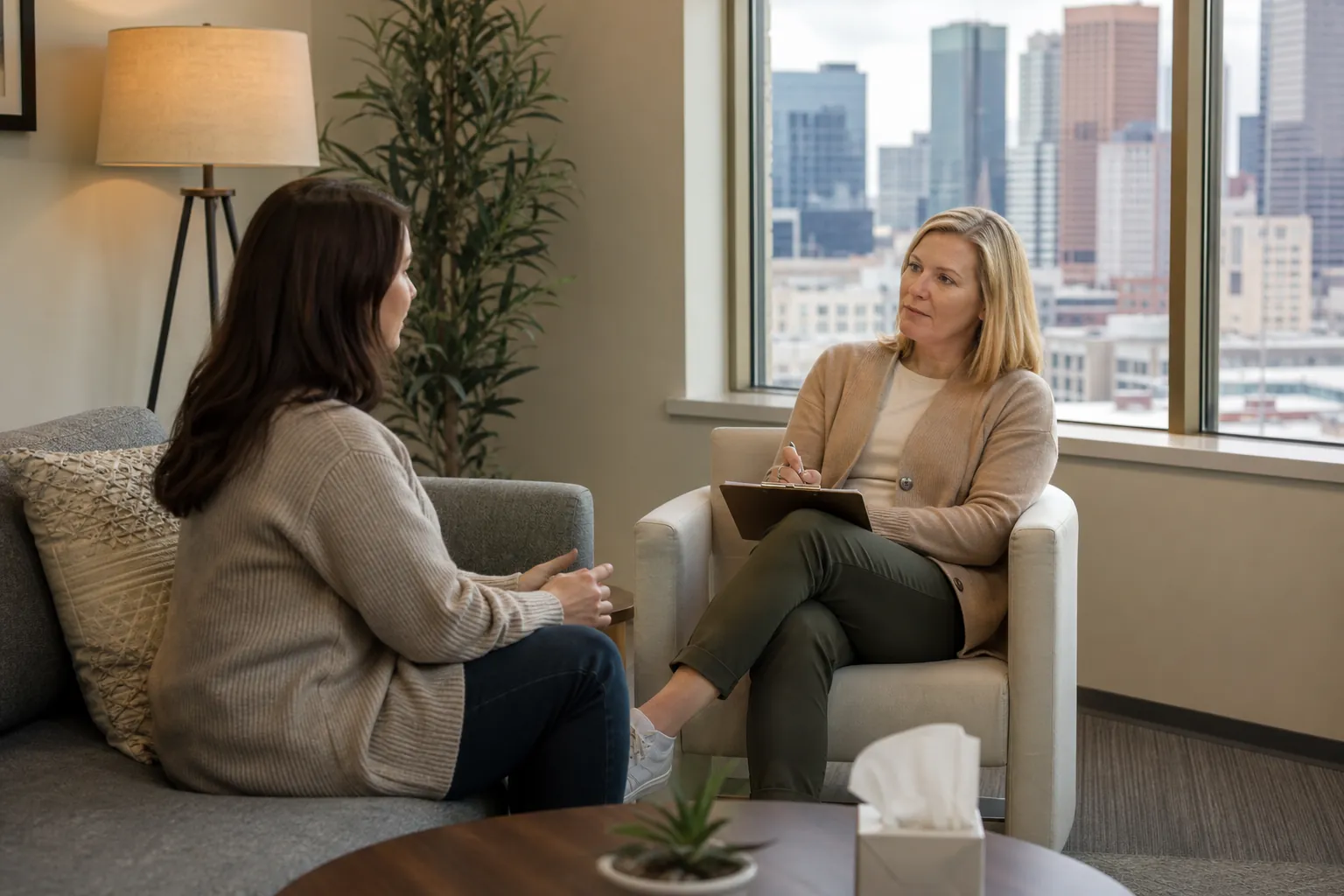 Treatment Assessment Conversation in an Office Two women sit facing each other in an office, one holding a pen and clipboard during a treatment assessment conversation.
