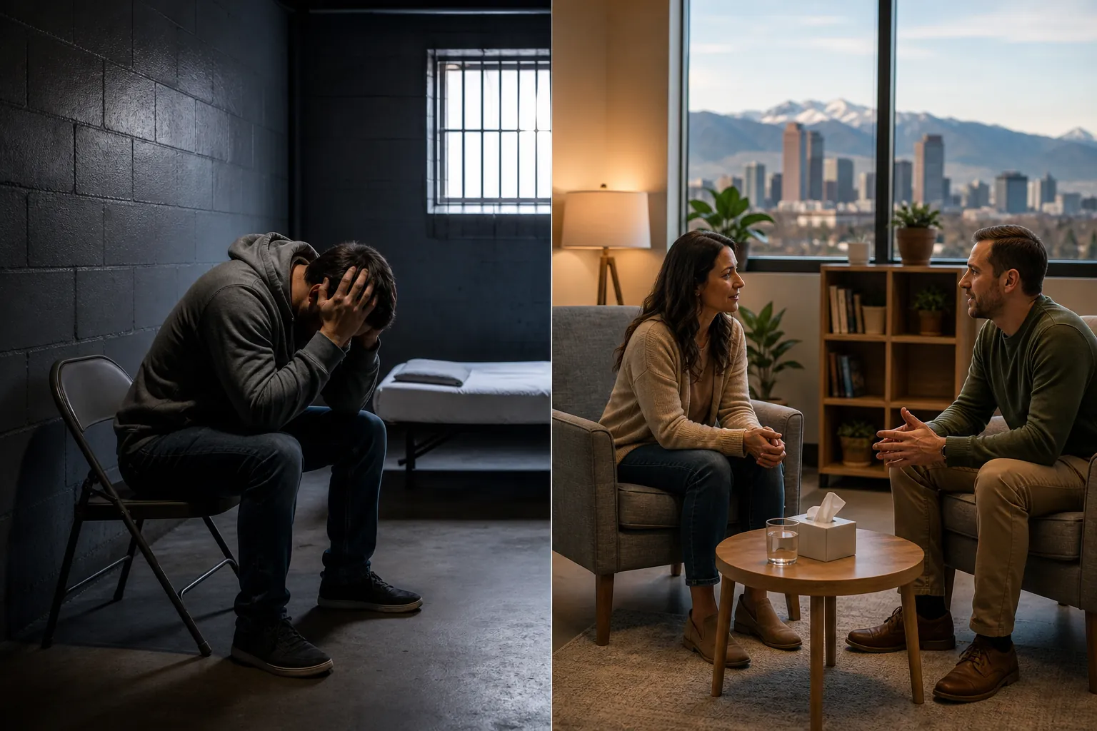 Contrasting Isolation With Supportive Conversation Split scene of a man holding his head in a barred room and two adults talking in an office overlooking a city and mountains.