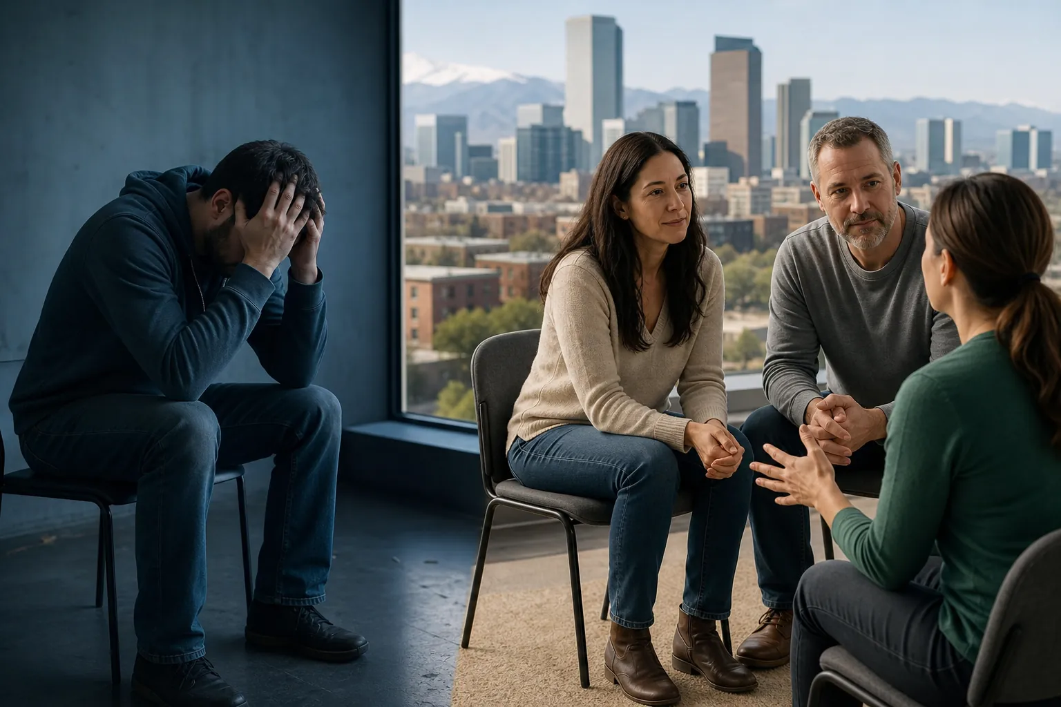 Solitary Distress Beside a Group Counseling Discussion A distressed man sits alone beside three adults in a counseling discussion, with a city skyline and mountains behind them.