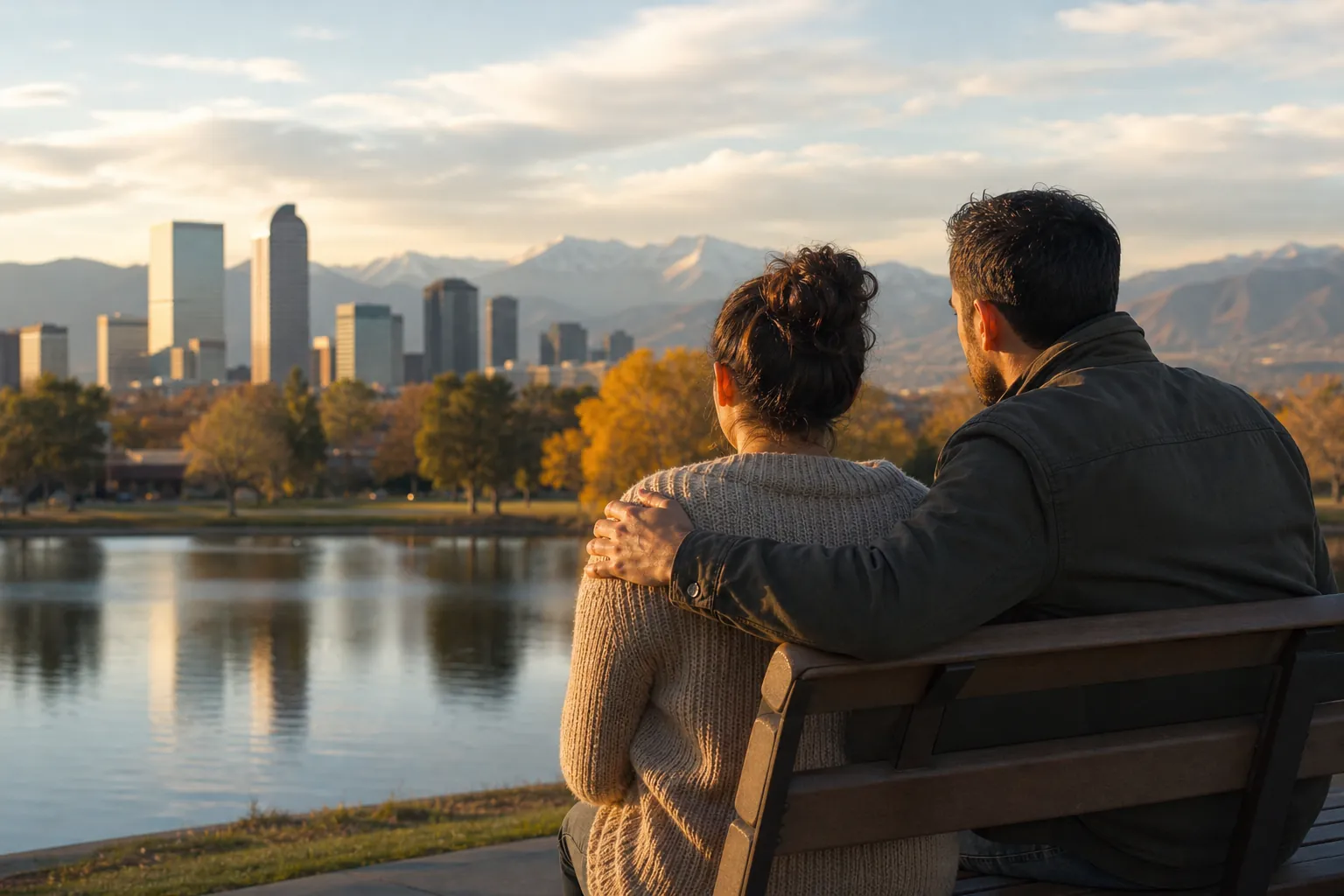 Couple Sharing a Quiet Moment on a Lakeside Bench A man rests his arm around a woman on a lakeside bench, facing a city skyline and mountains in warm evening light.