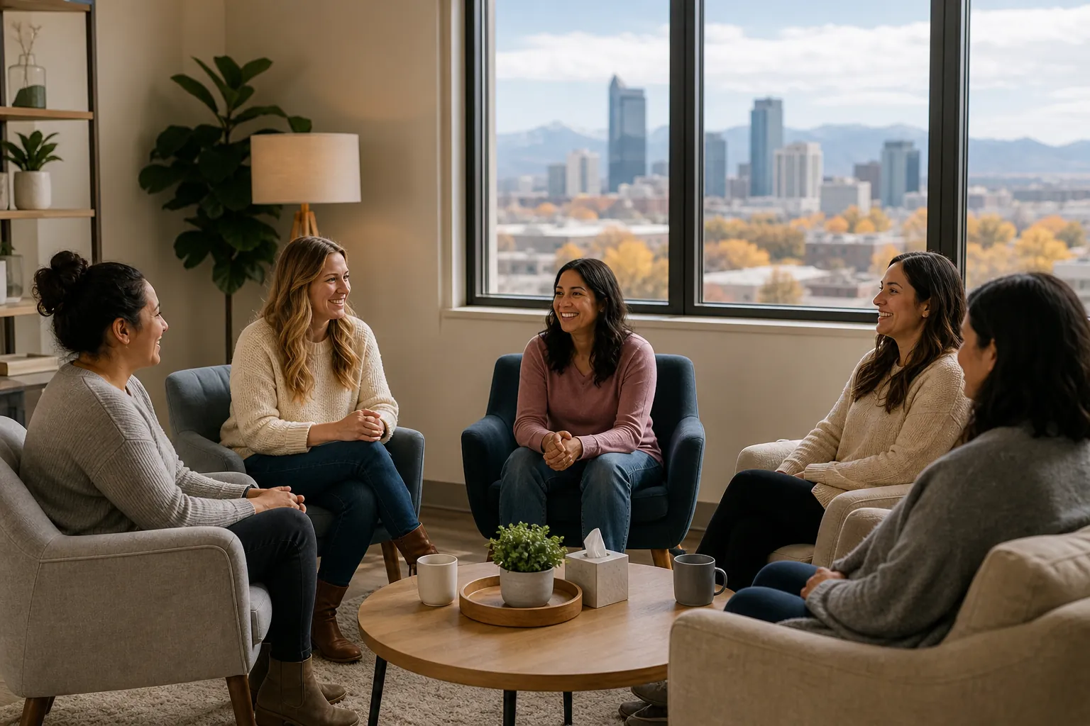 Five women sit in a circle around a coffee table in a bright room overlooking a city skyline and distant mountains.