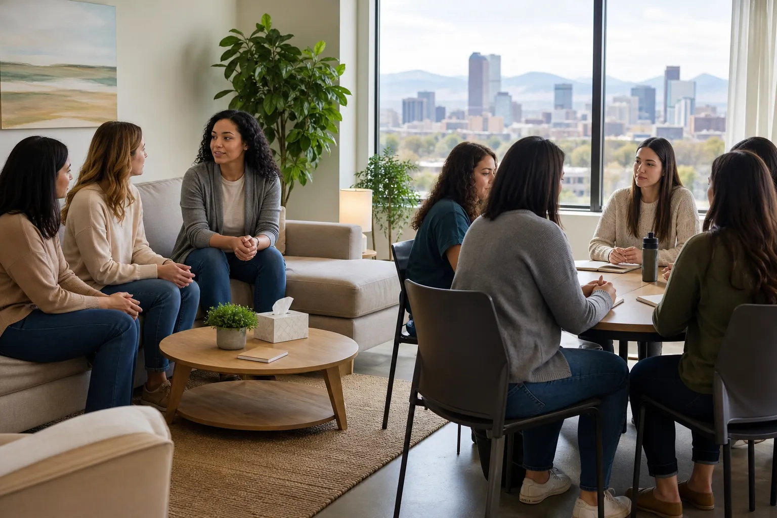 Women converse in small groups on a sofa and around a table in a bright room overlooking a city skyline and mountains.