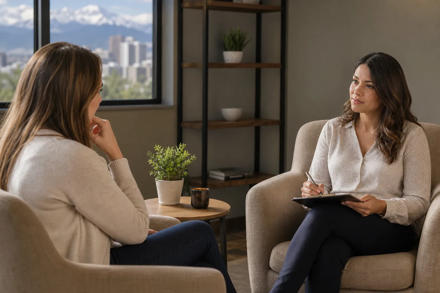 Two women sit facing each other in armchairs, one holding a pen and clipboard, with mountains visible through a window.