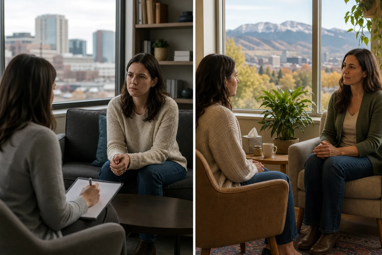 Side-by-side therapy scenes show women talking in offices with city views, with mountains visible through the right window.