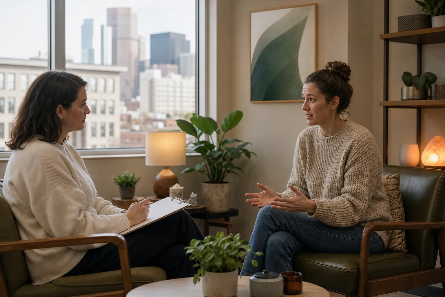 Two women sit facing each other in a cozy office, one holding a clipboard while the other gestures, with city buildings outside.