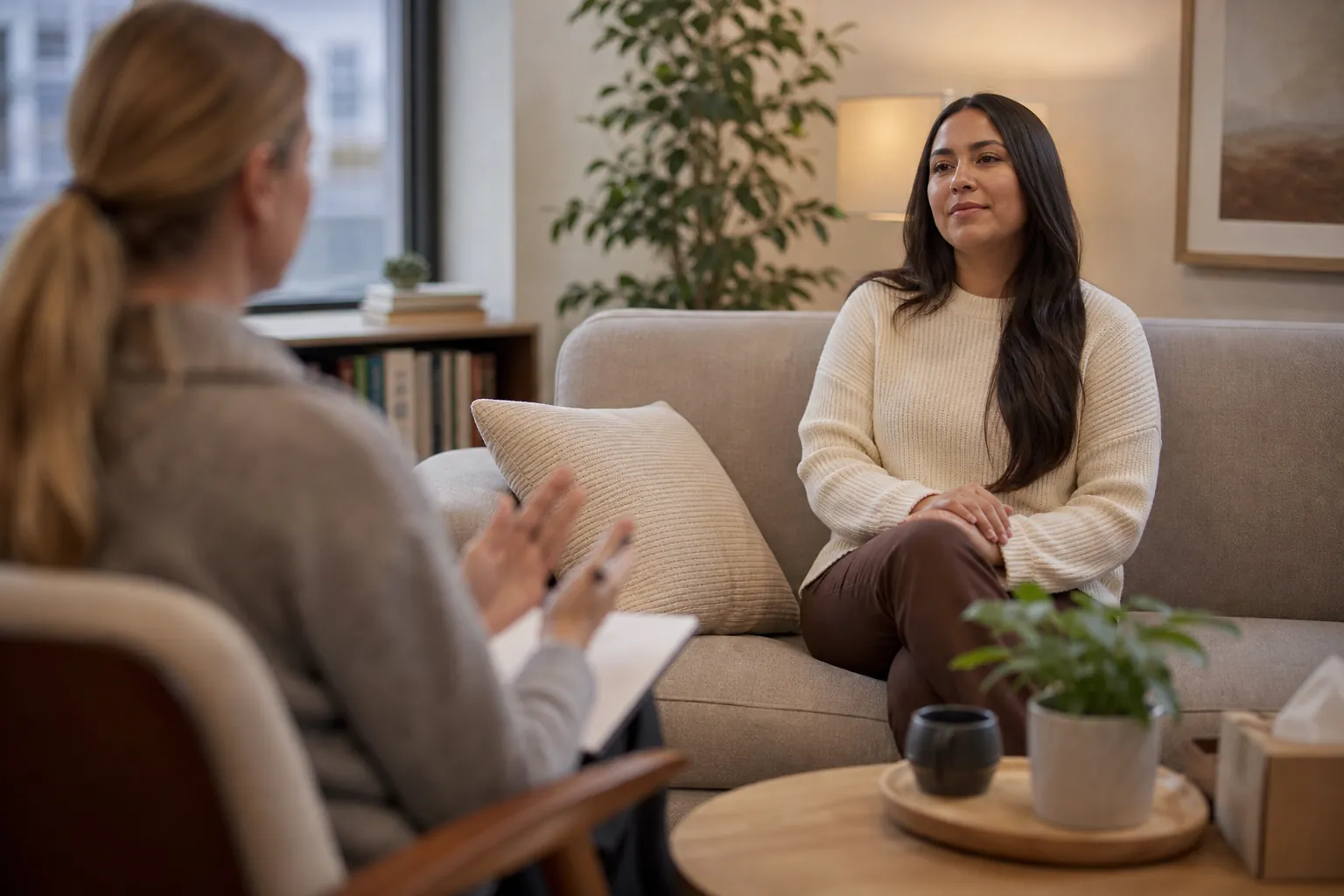 A woman sits on a beige sofa facing a therapist who gestures above a notebook in a softly lit office.